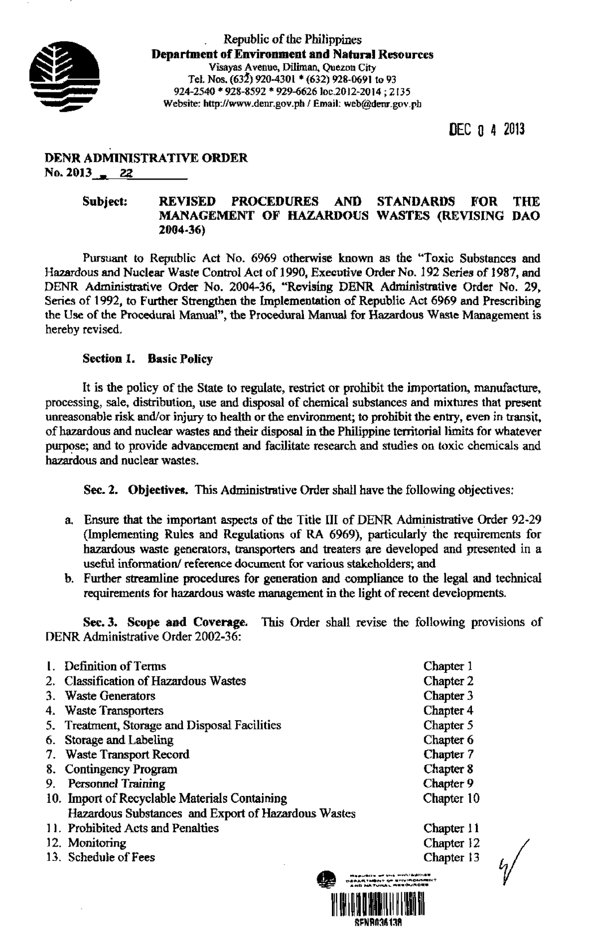 DENR Administrative Order No 2013 22 Republic Of The Philippines a 