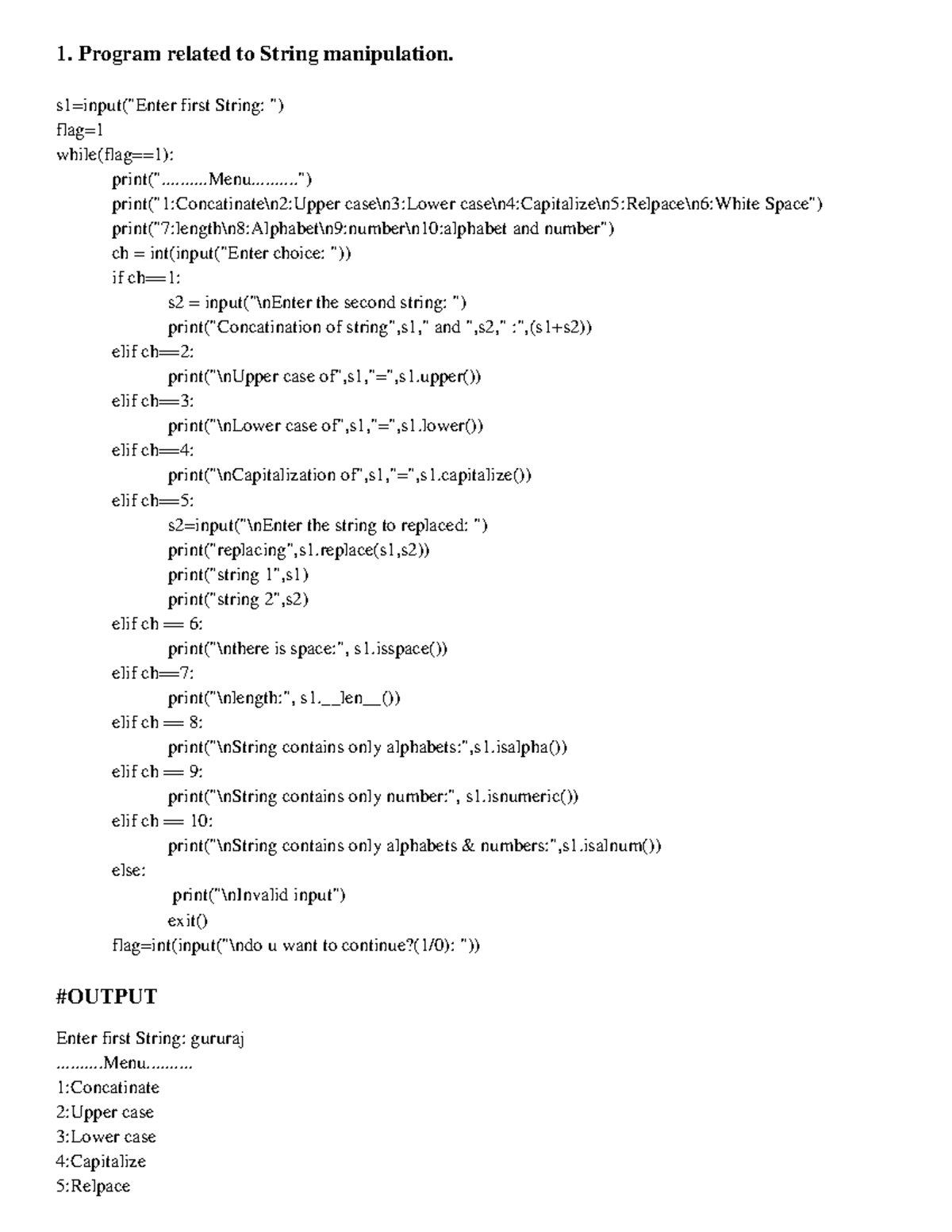 Python Journal Programs - 1. Program related to String manipulation. s1 ...