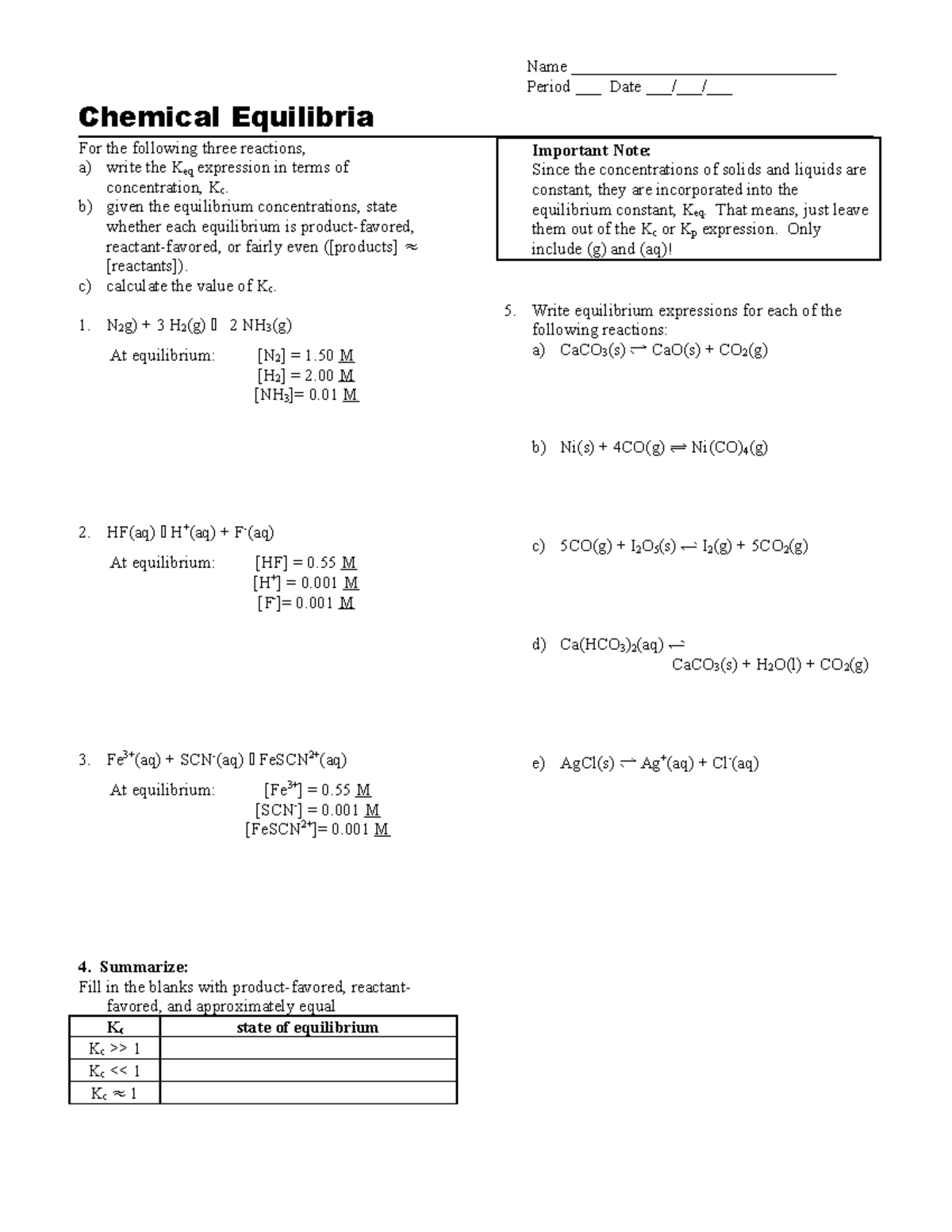 Chemical Equilibria Worksheet - Name ...