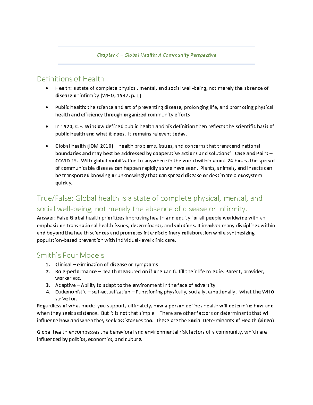 Community Nursing Chapter 4 Notes - Chapter 4 – Global Health: A ...