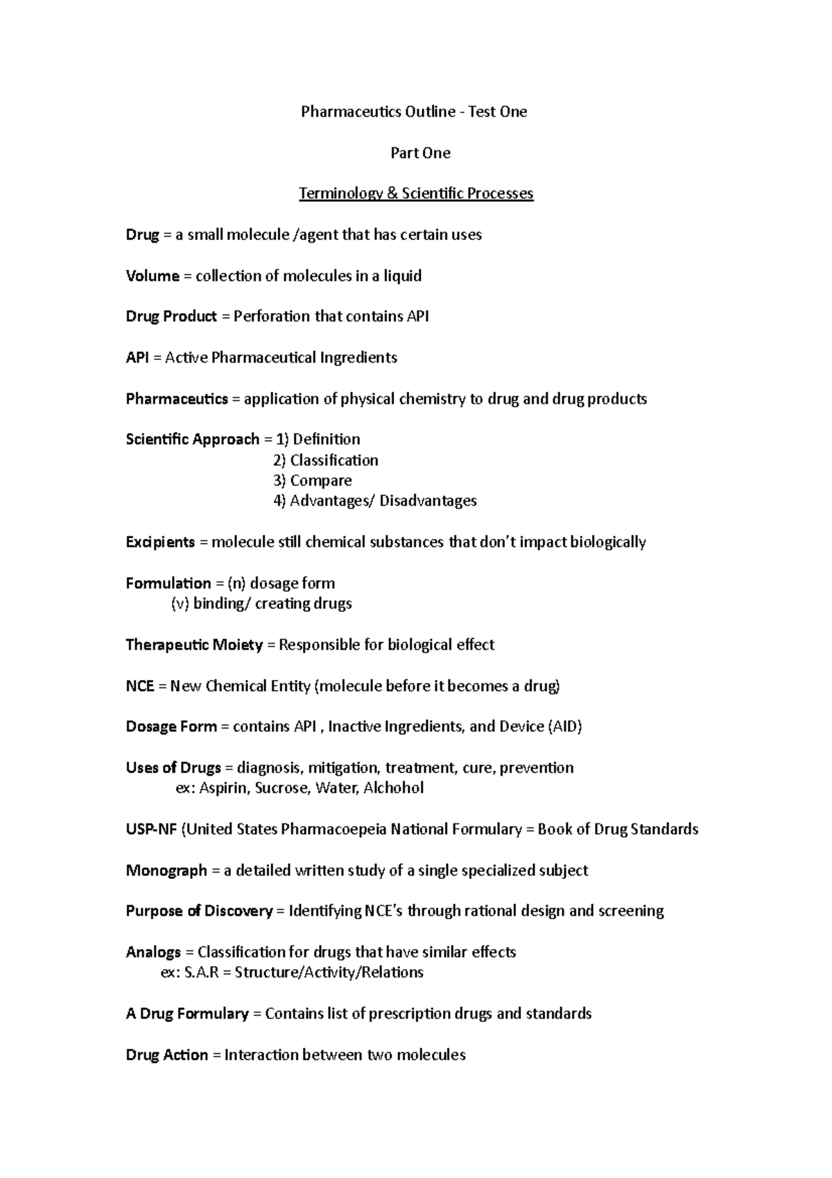 Pharmaceutics 1 Outline - A = Structure/Activity/Relations A Drug ...
