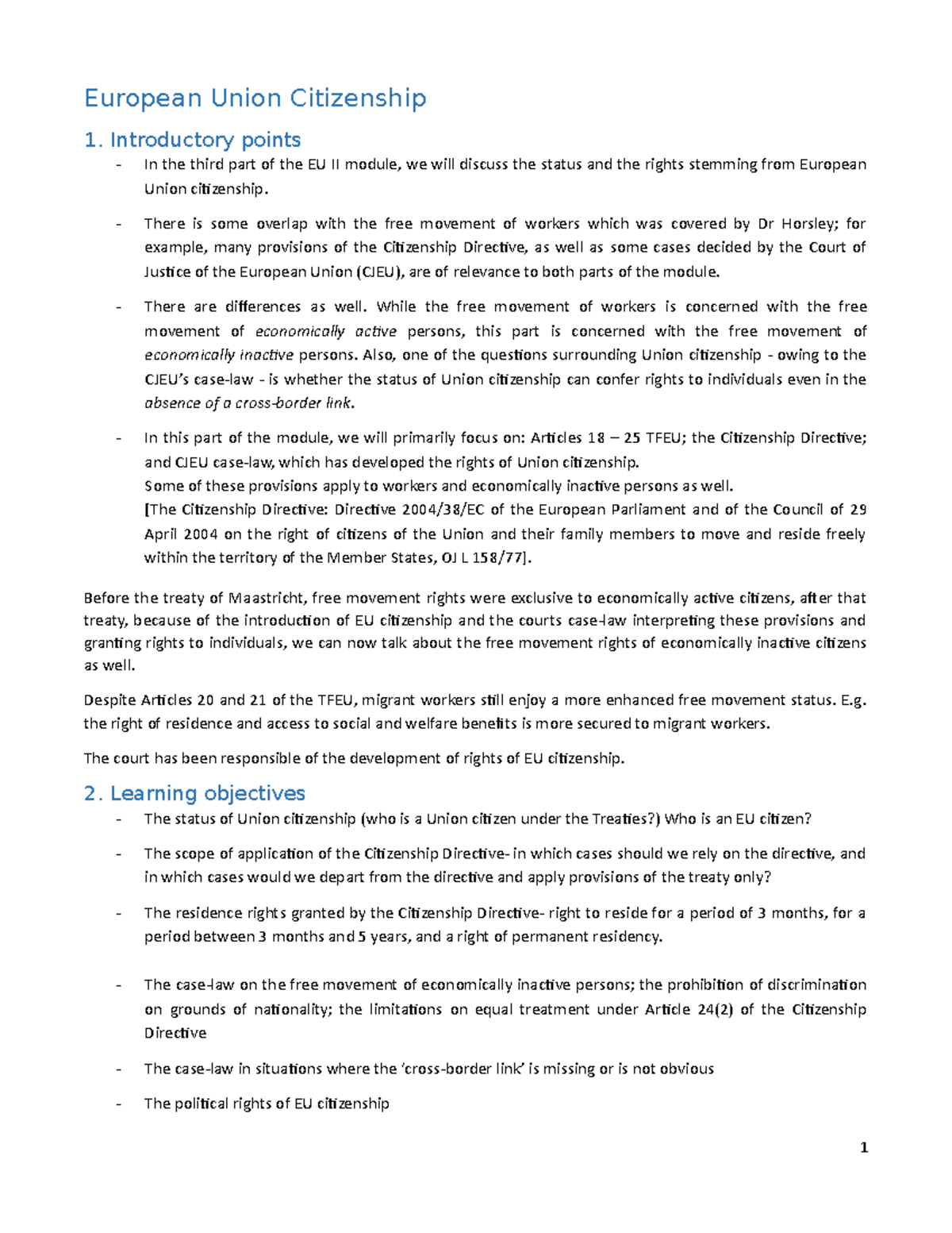 Citzenship notes - European Union Citizenship 1. Introductory points In ...