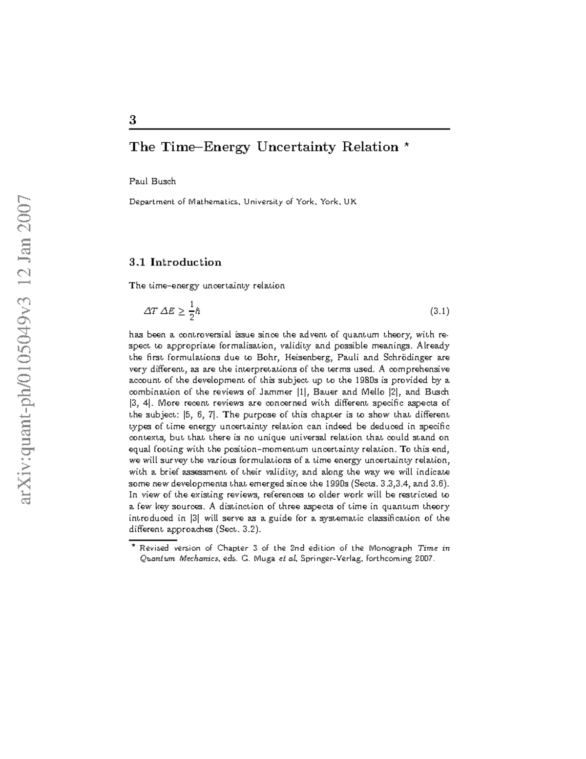 0105049 Time-energy HUP Busch - arXiv:quant-ph/0105049v3 12 Jan 2007 3 ...