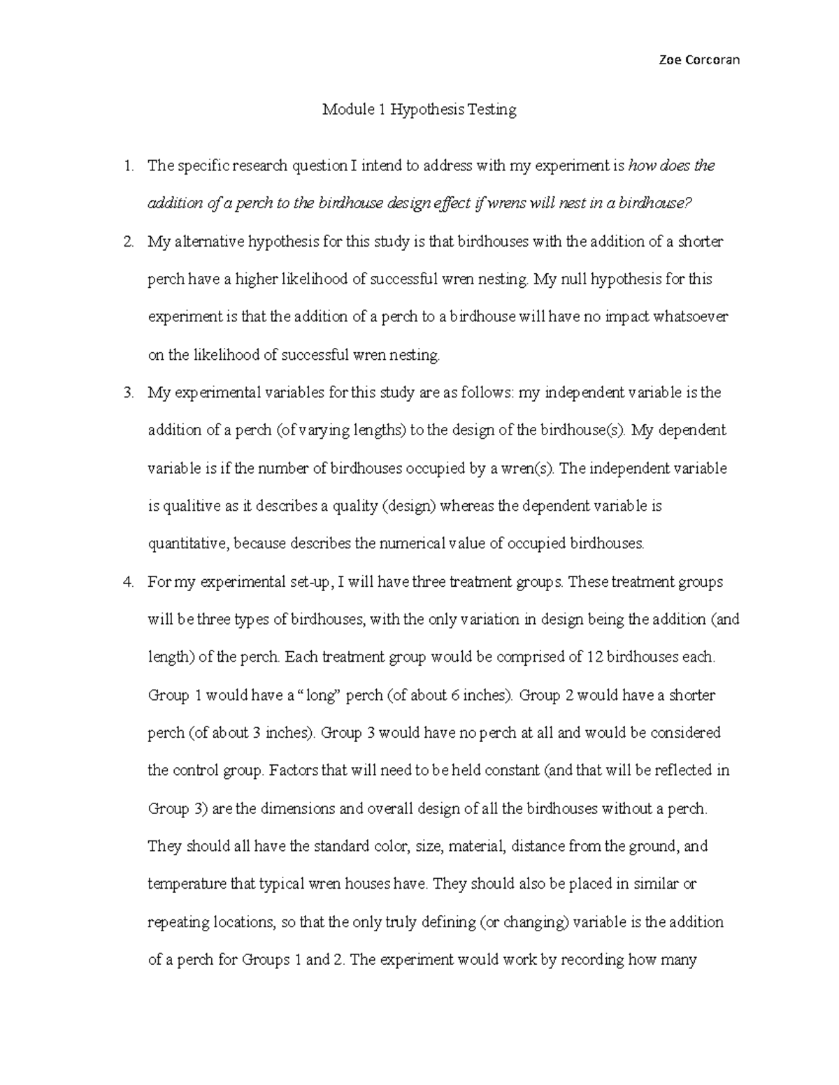 Module 1 Hypothesis Testing - Zoe Corcoran Module 1 Hypothesis Testing The  specific research - Studocu