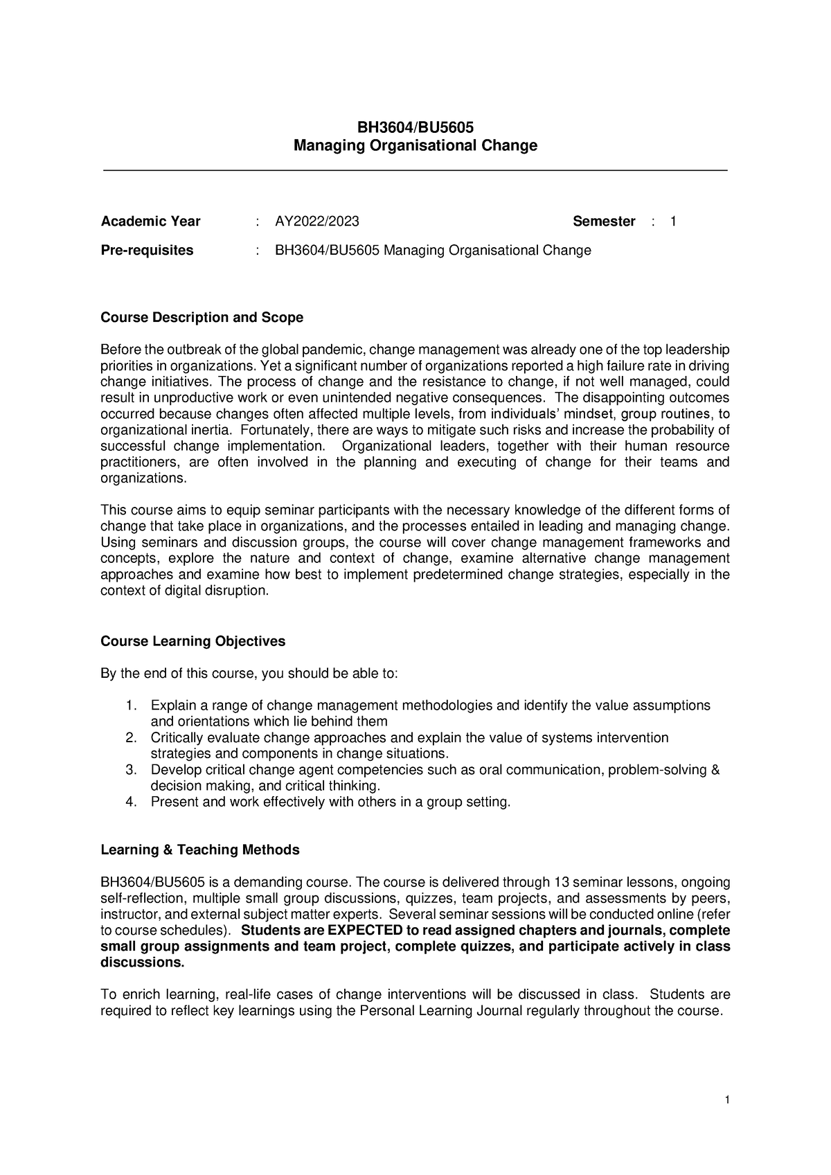 BH3604 BU5605 Managing Change outline - BH3604/BU Managing ...