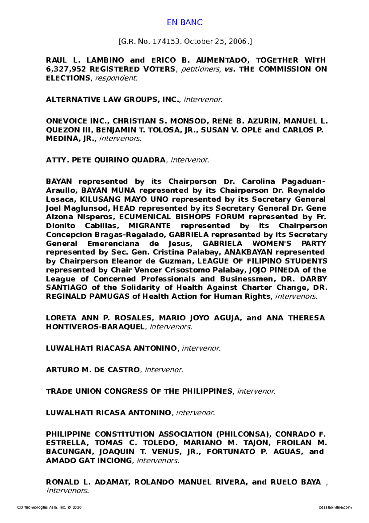 Case Of Lambino V. Comelec - EN BANC [G. No. 174153. October 25, 2006 ...