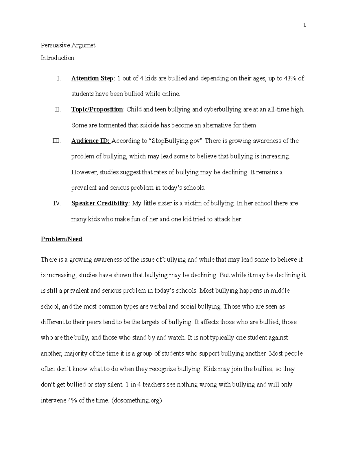 Public Speaking Persuasive Speech Outline - 1 Persuasive Argumet ...