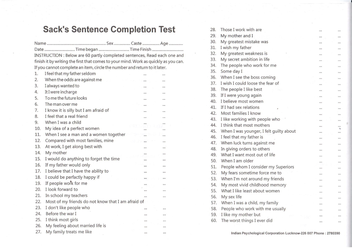 Sack's sentence completion test Human resources Studocu