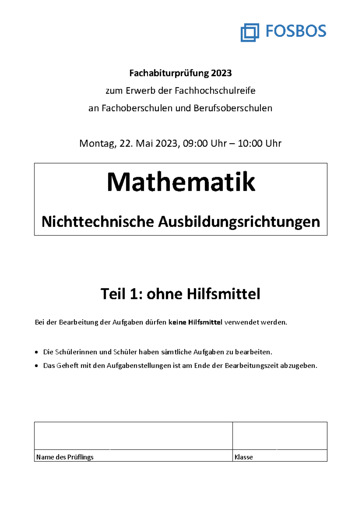  Fachhochschulreife FOS BOS Mathematik 2023 Aufgaben Nichttechnik Motiv 