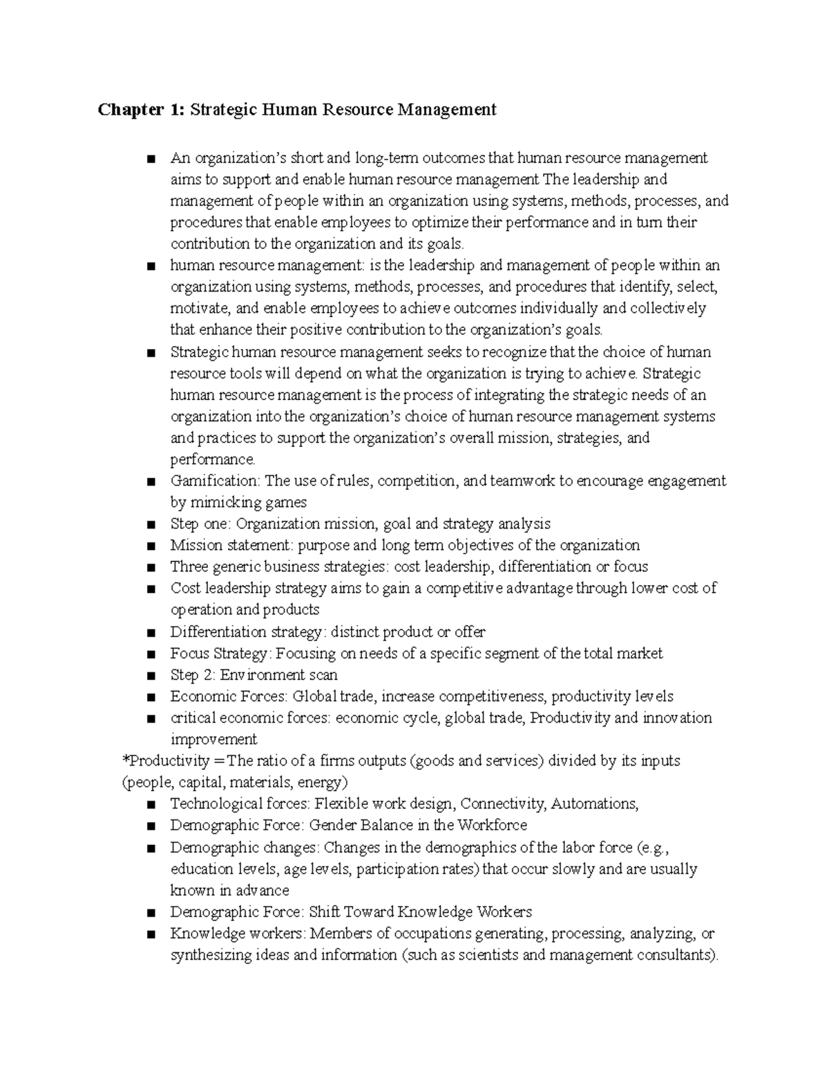 MHR Chapter 1 notes - Chapter 1: Strategic Human Resource Management An ...