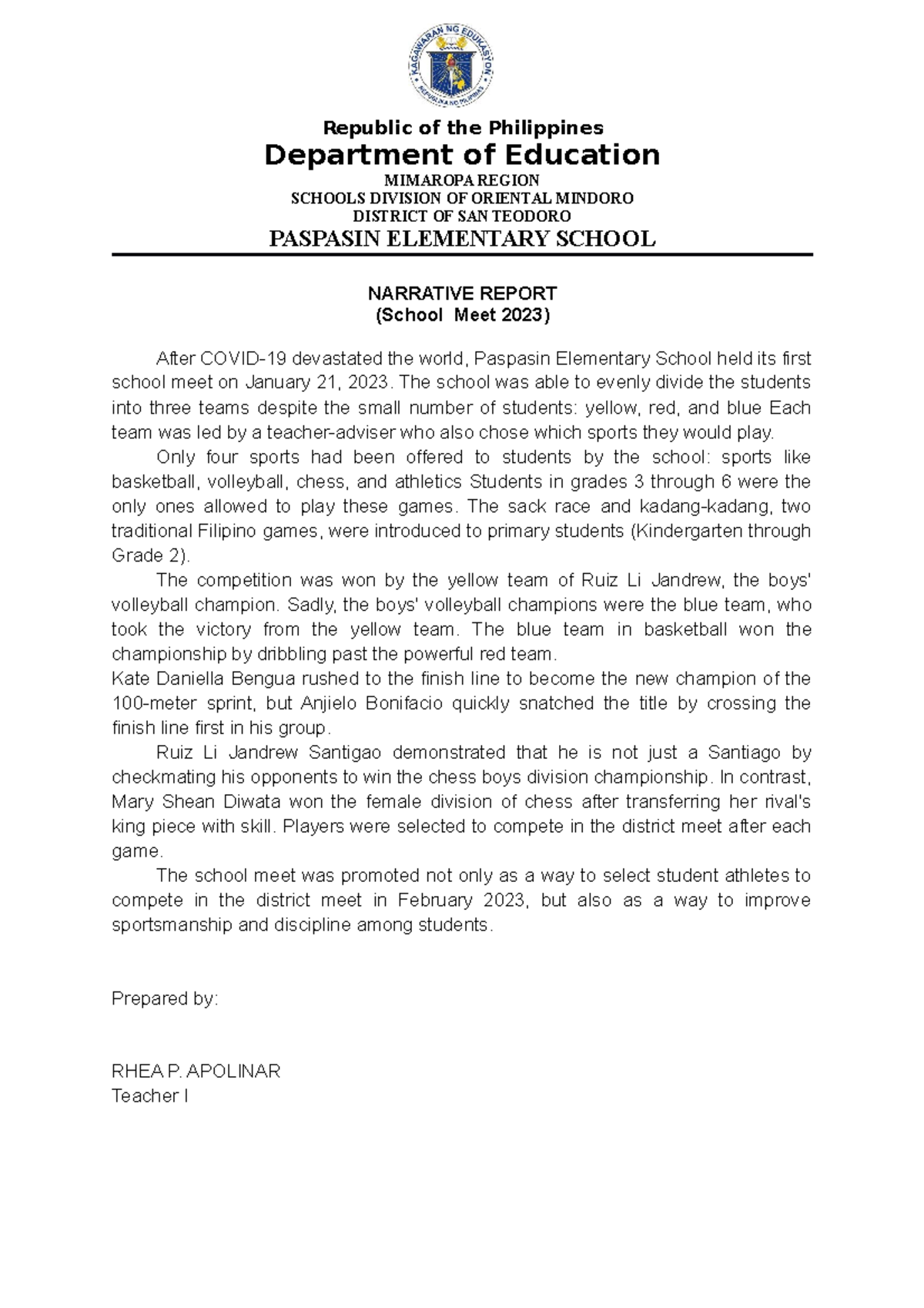 Narrative Report RHEA Apolinar - Republic of the Philippines Department ...