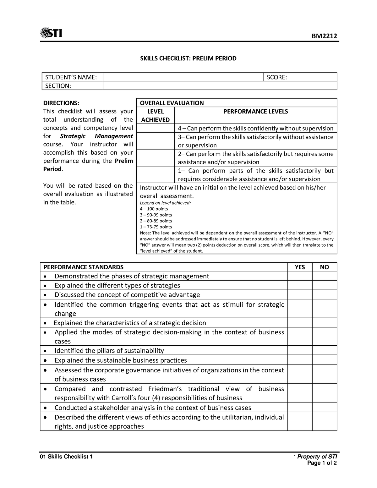 01 Skills Checklist 1 - Notes - BM 01 Skills Checklist 1 * Property of ...