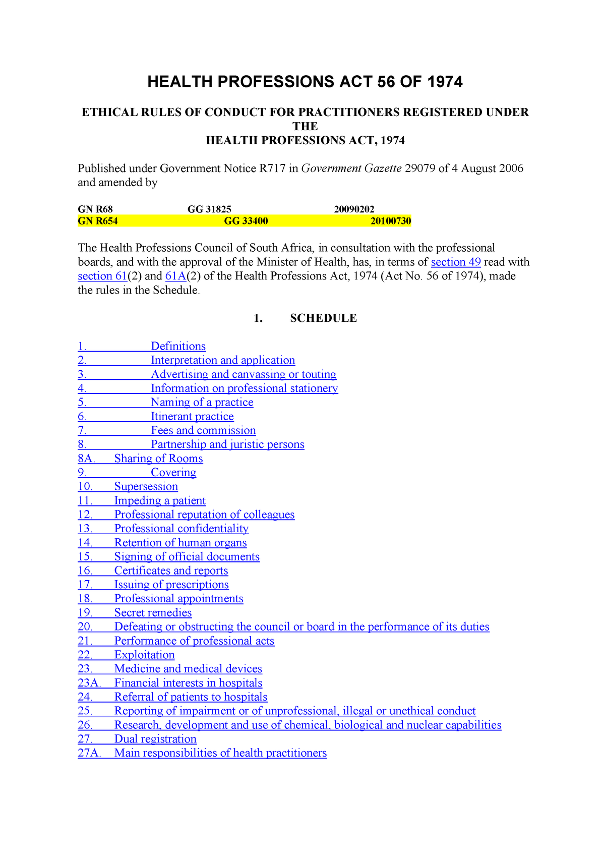 Hpcsa Ethical Rules Of Conduct 2011 - HEALTH PROFESSIONS ACT 56 OF 1974 ...