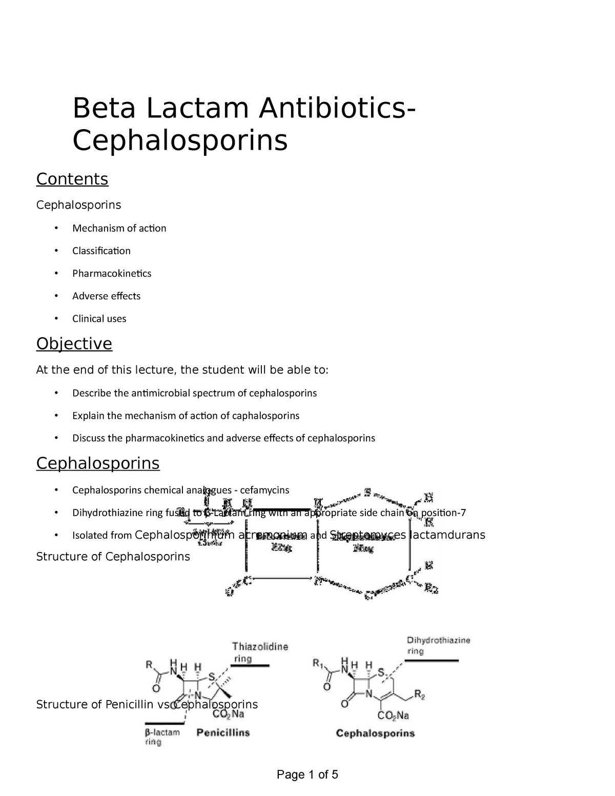 Chapter 23 Cephalosporins Beta Lactam Antibiotics Cephalosporins Contents Cephalosporins 