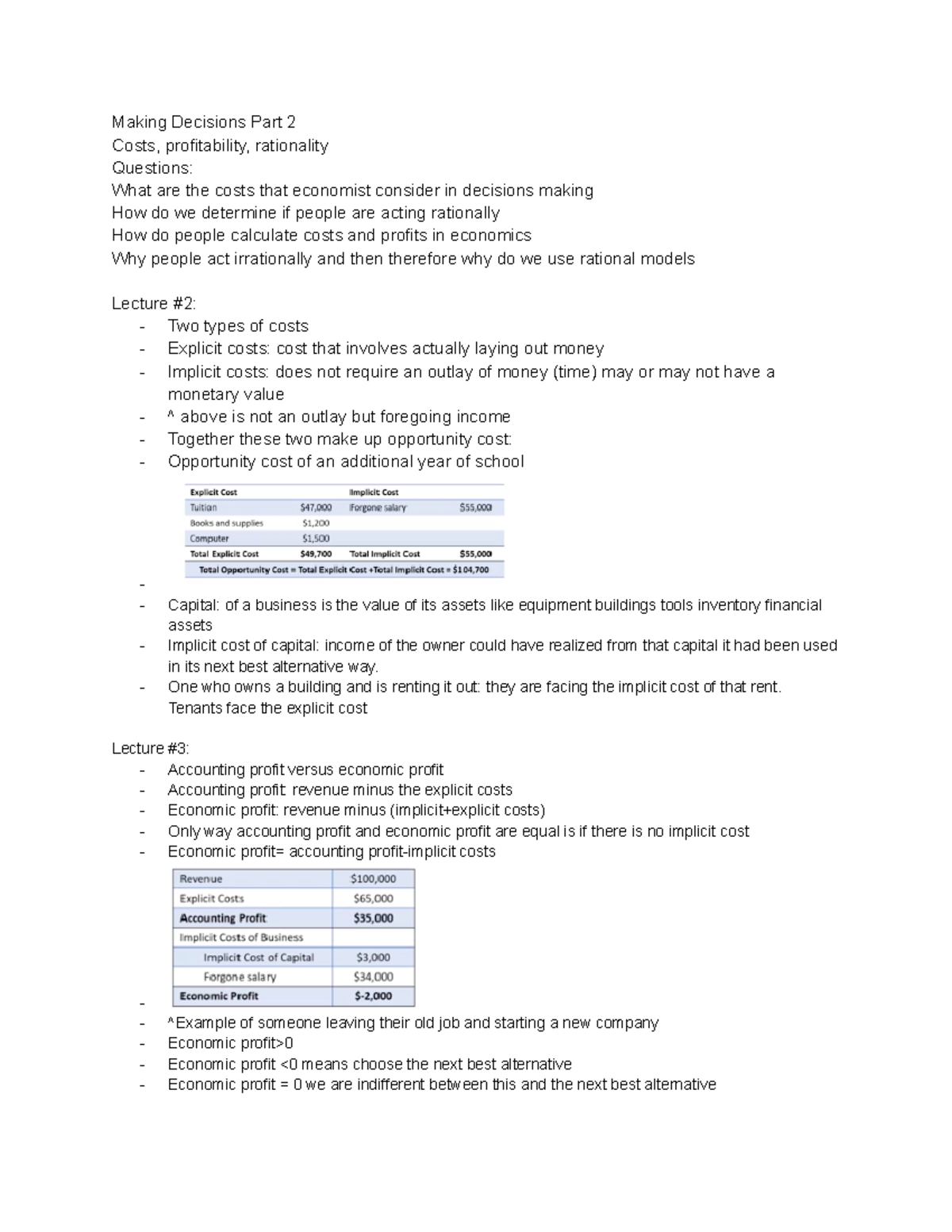 Making Decisions - Lecture notes 9 - Making Decisions Part 2 Costs ...