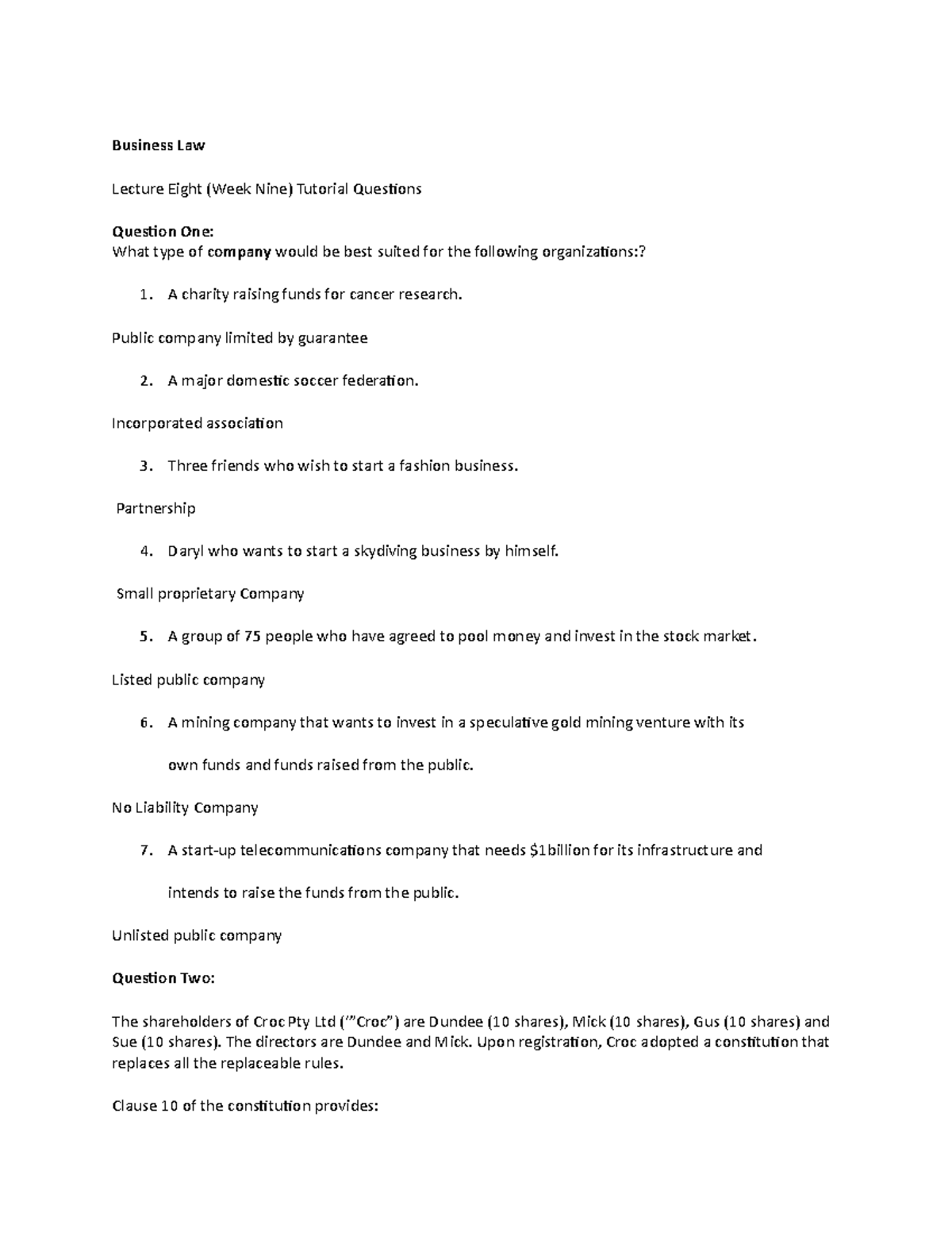 Business Law - Business Law Lecture Eight (Week Nine) Tutorial ...