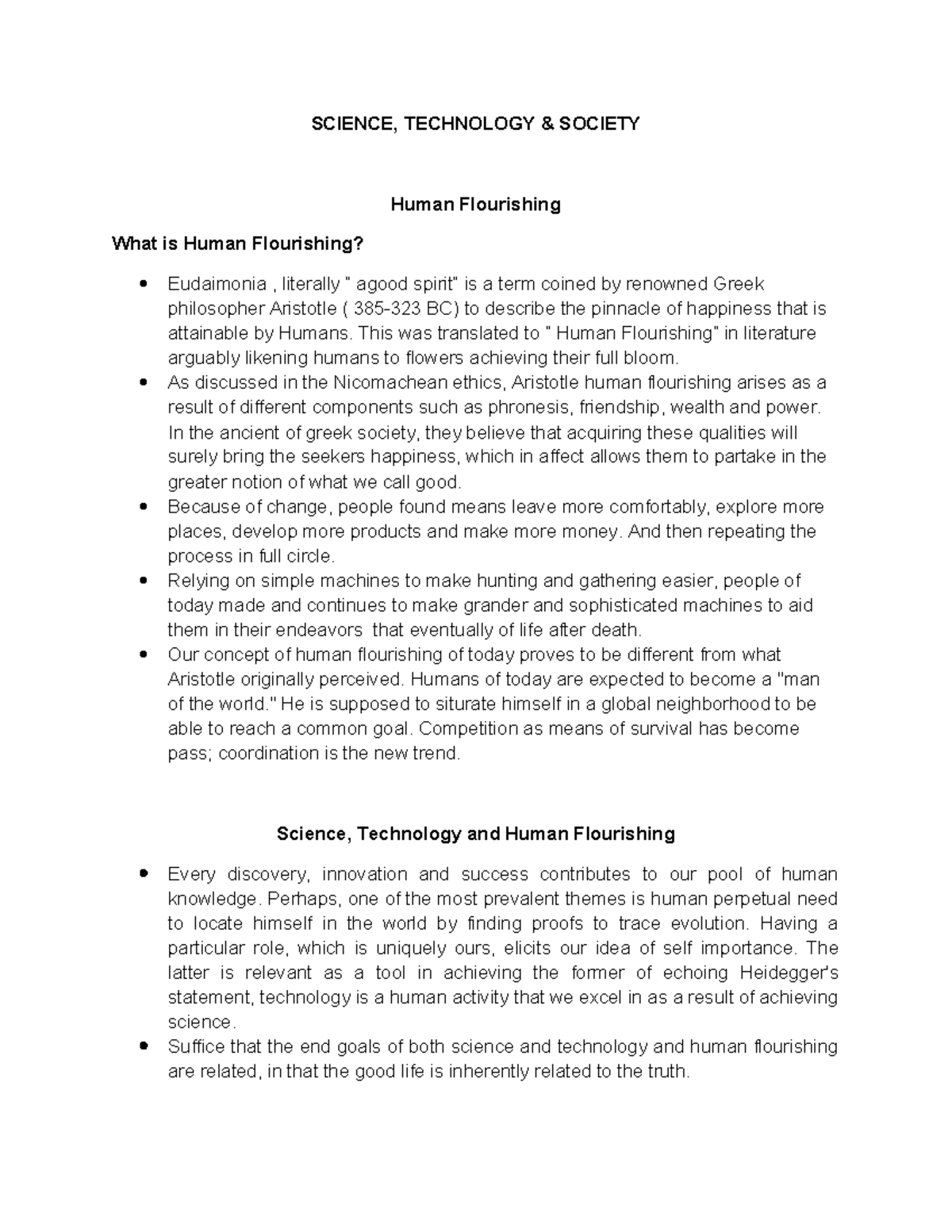 Human Flourishing pans part - SCIENCE, TECHNOLOGY & SOCIETY Human ...