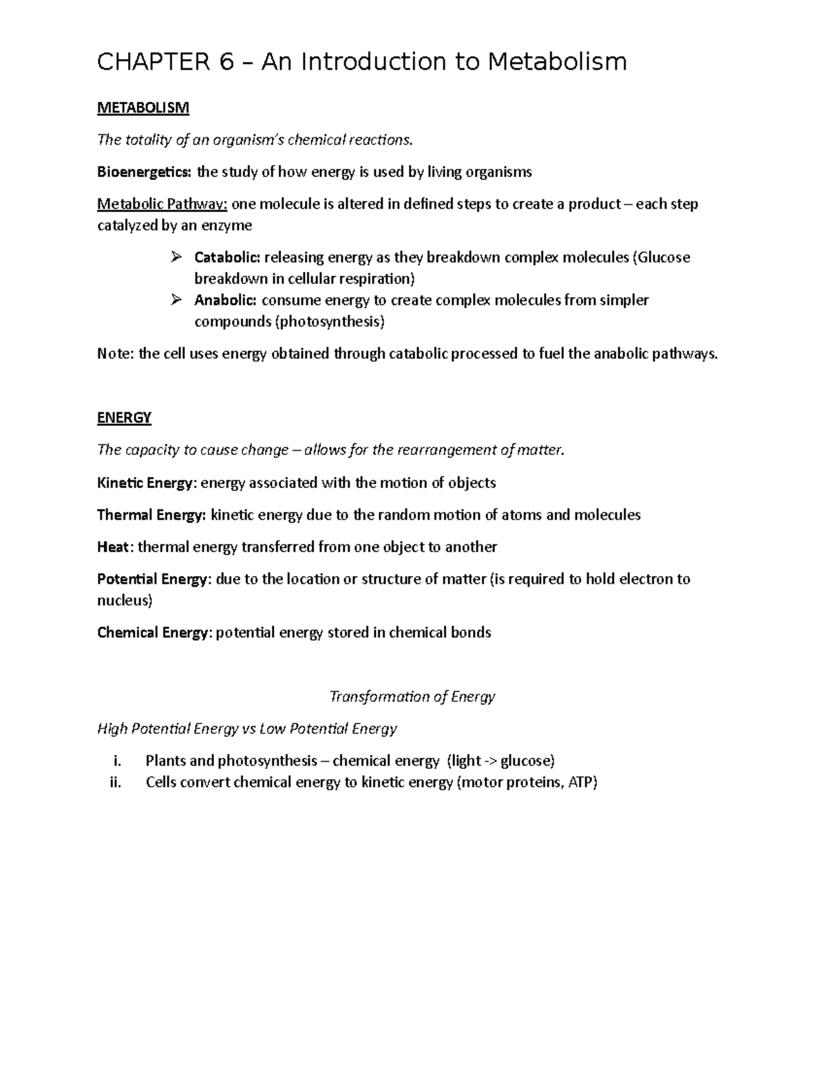 Chapter 6 Exam Notes - CHAPTER 6 – An Introduction to Metabolism ...