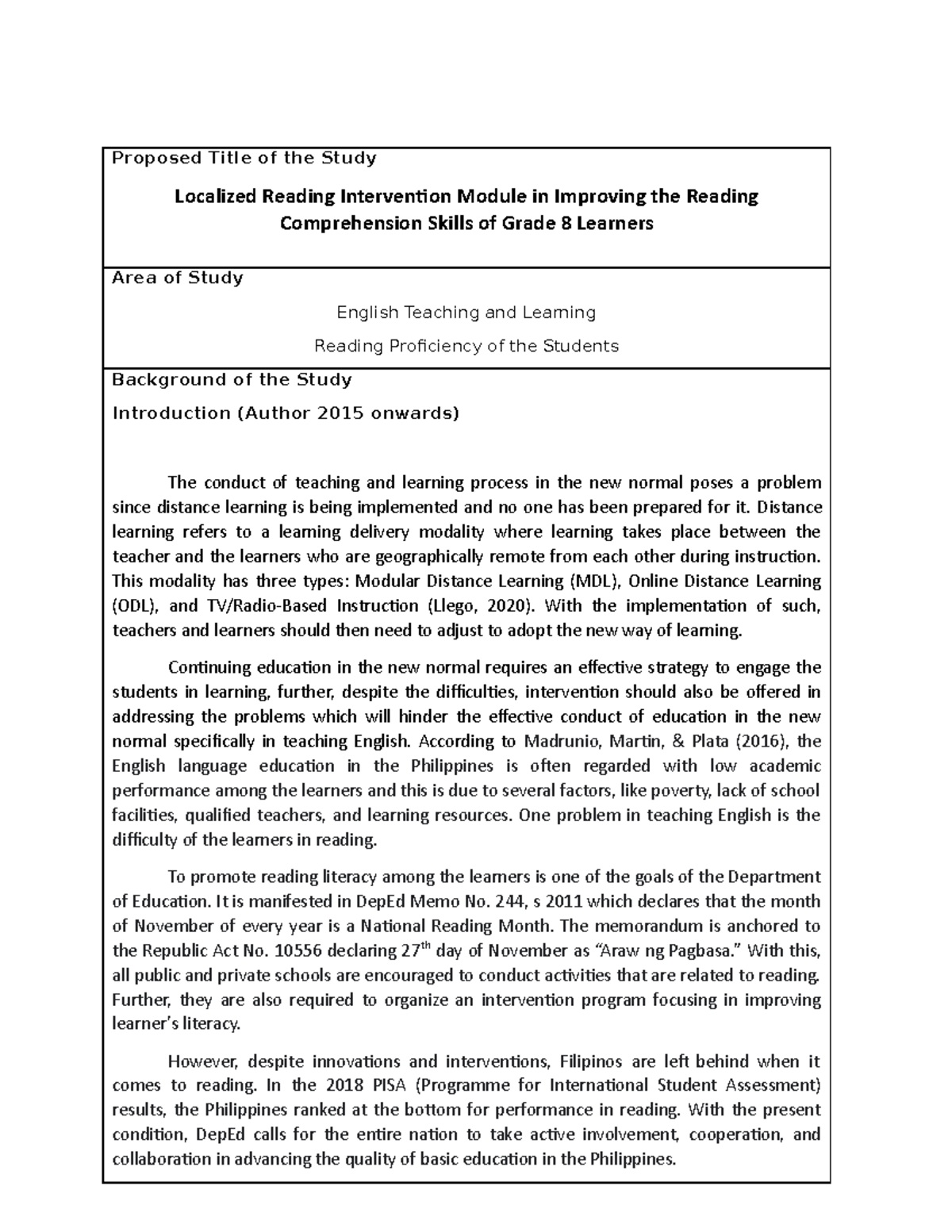 Localized Reading Intervention Module in Improving the Reading