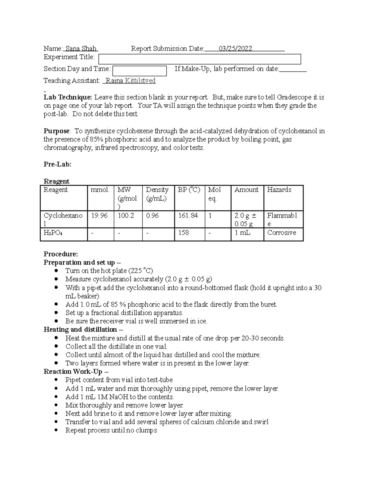 Cyclohexene Synthesis and Gas Chromatography Lab report Chem269 Name