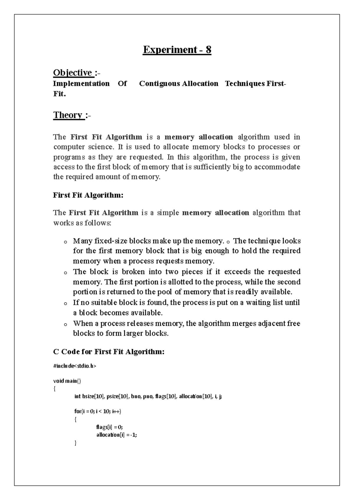 Experiment 8 - Theory :- The First Fit Algorithm is a memory allocation ...