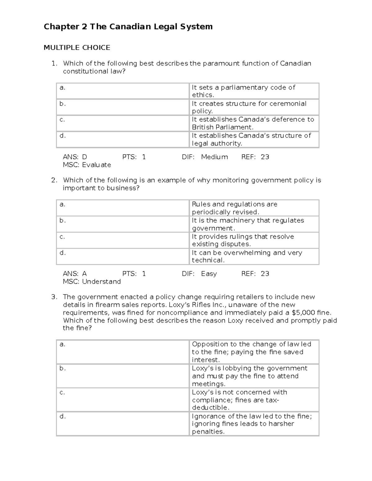 Chapter 2 Business Law - Chapter 2 The Canadian Legal System MULTIPLE ...