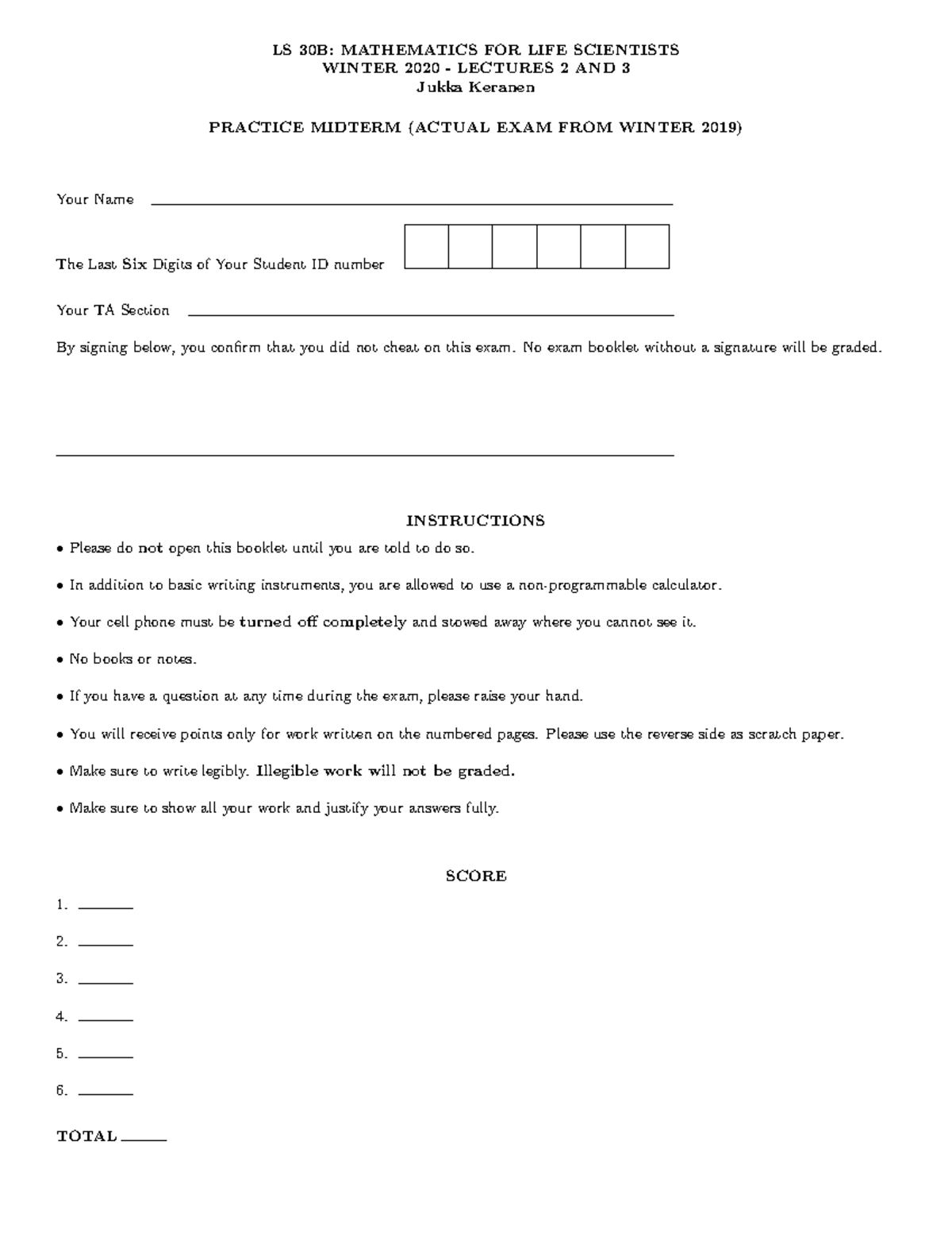 LS 30B Midterm Practice Exam - LS 30B: MATHEMATICS FOR LIFE SCIENTISTS ...