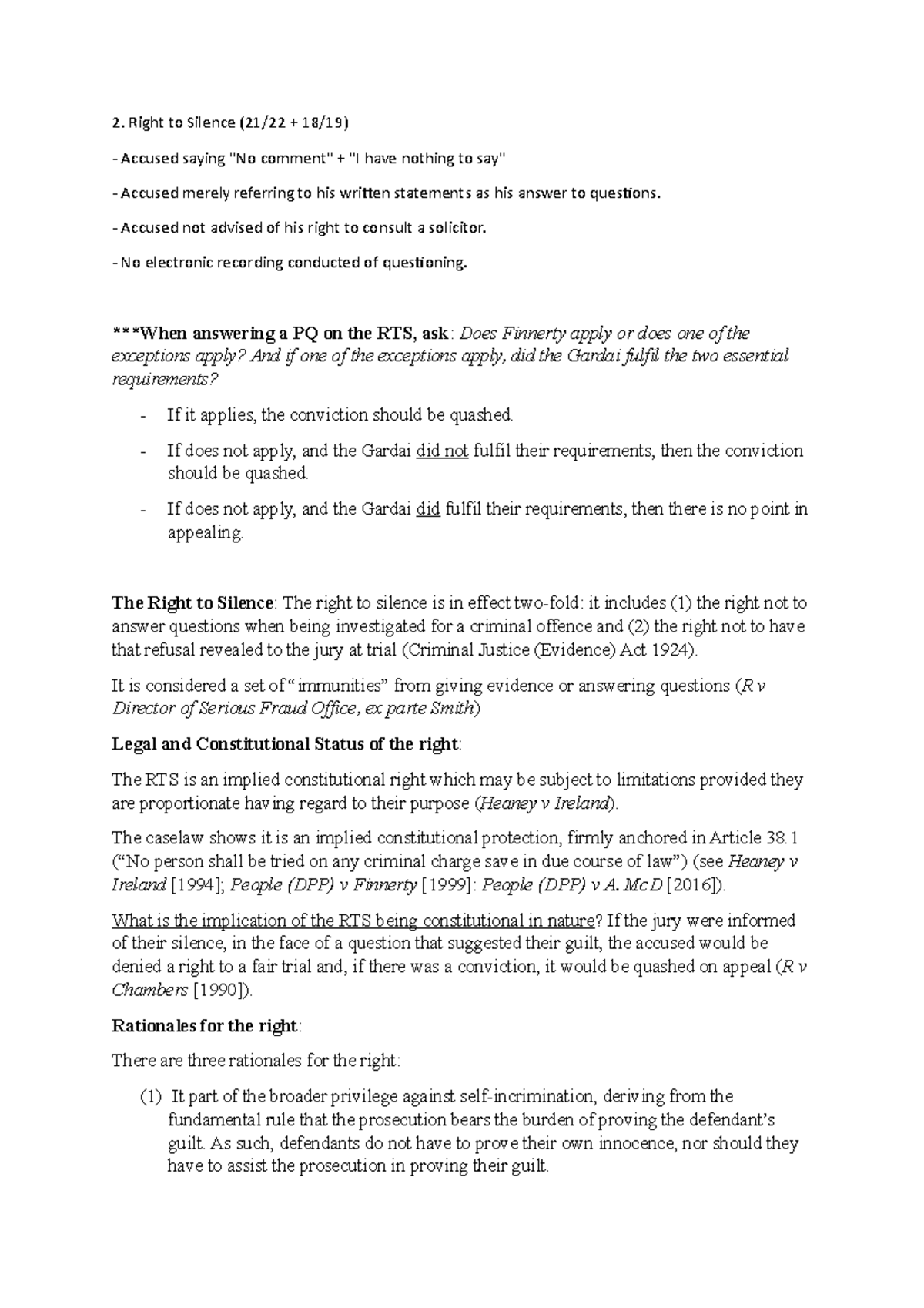 The Right to Silence - Exam prep notes. - Right to Silence (21/22 + 18/ ...