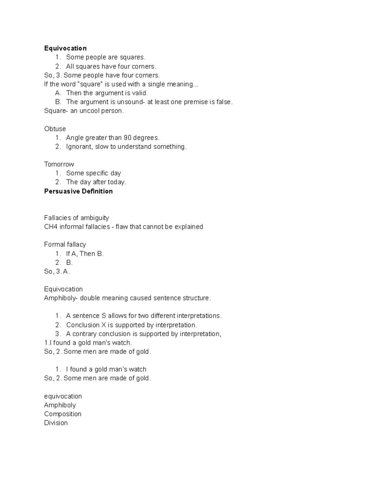 Intro to Logic Notes - Equivocation 1. Some people are squares. 2. All ...