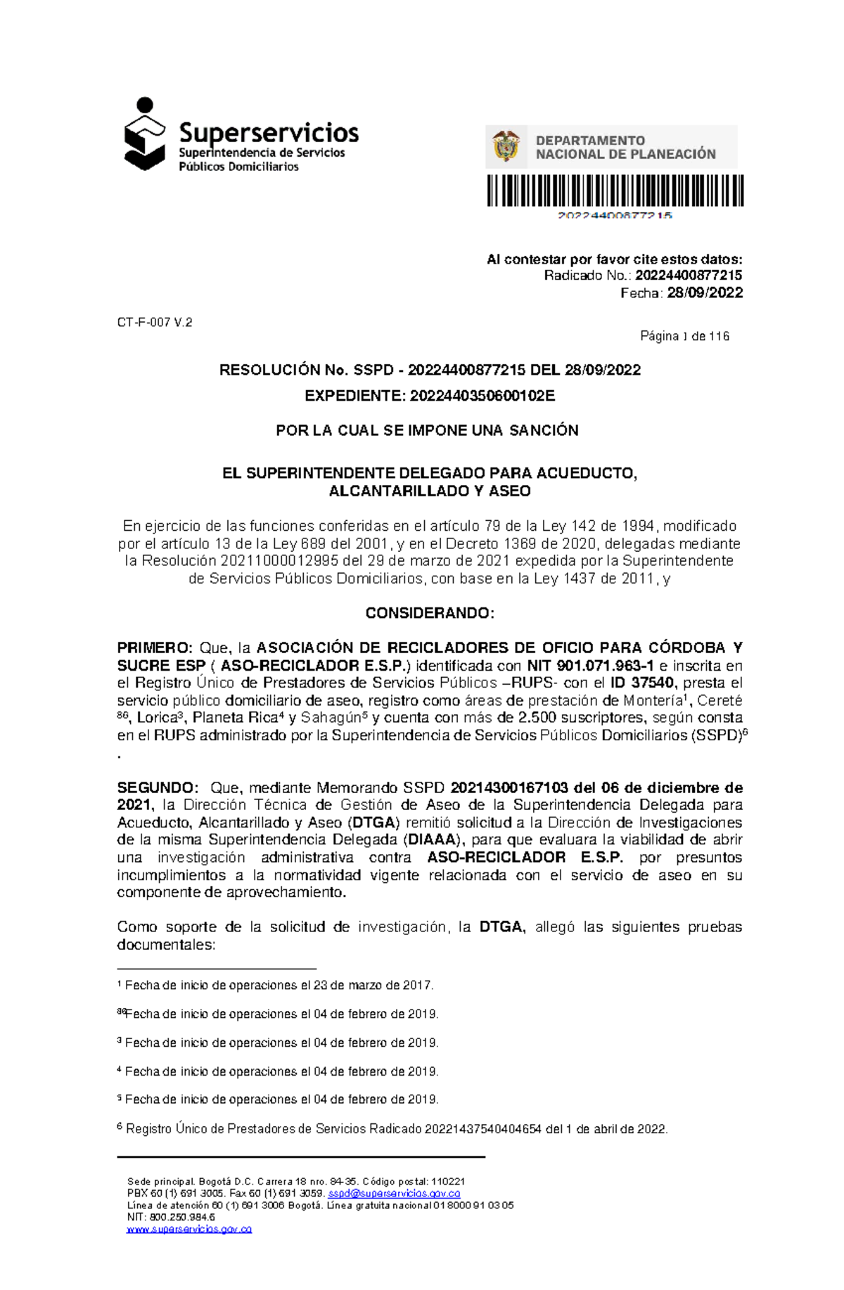 Resolucion - SANCION SUPER - Sede principal. Bogotá D. Carrera 18 nro ...