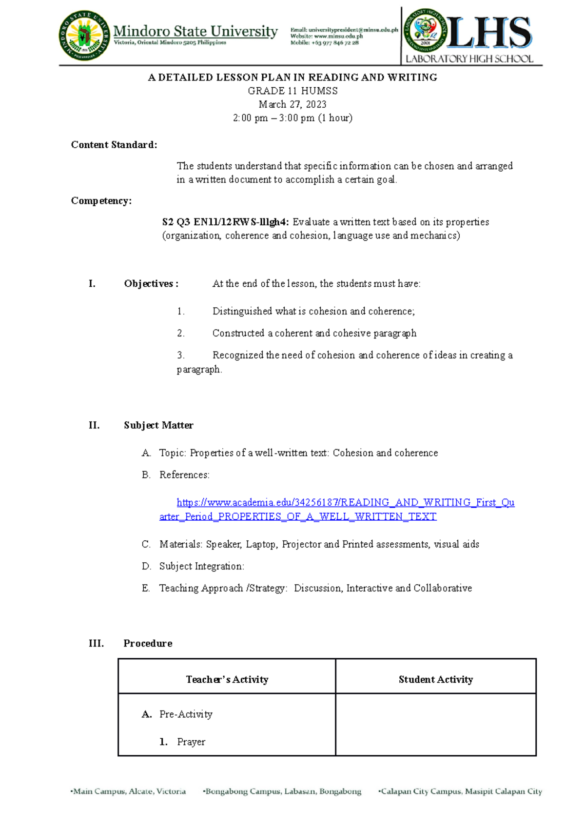 LP DAY 1 lesson plan reading and writing A DETAILED LESSON PLAN IN