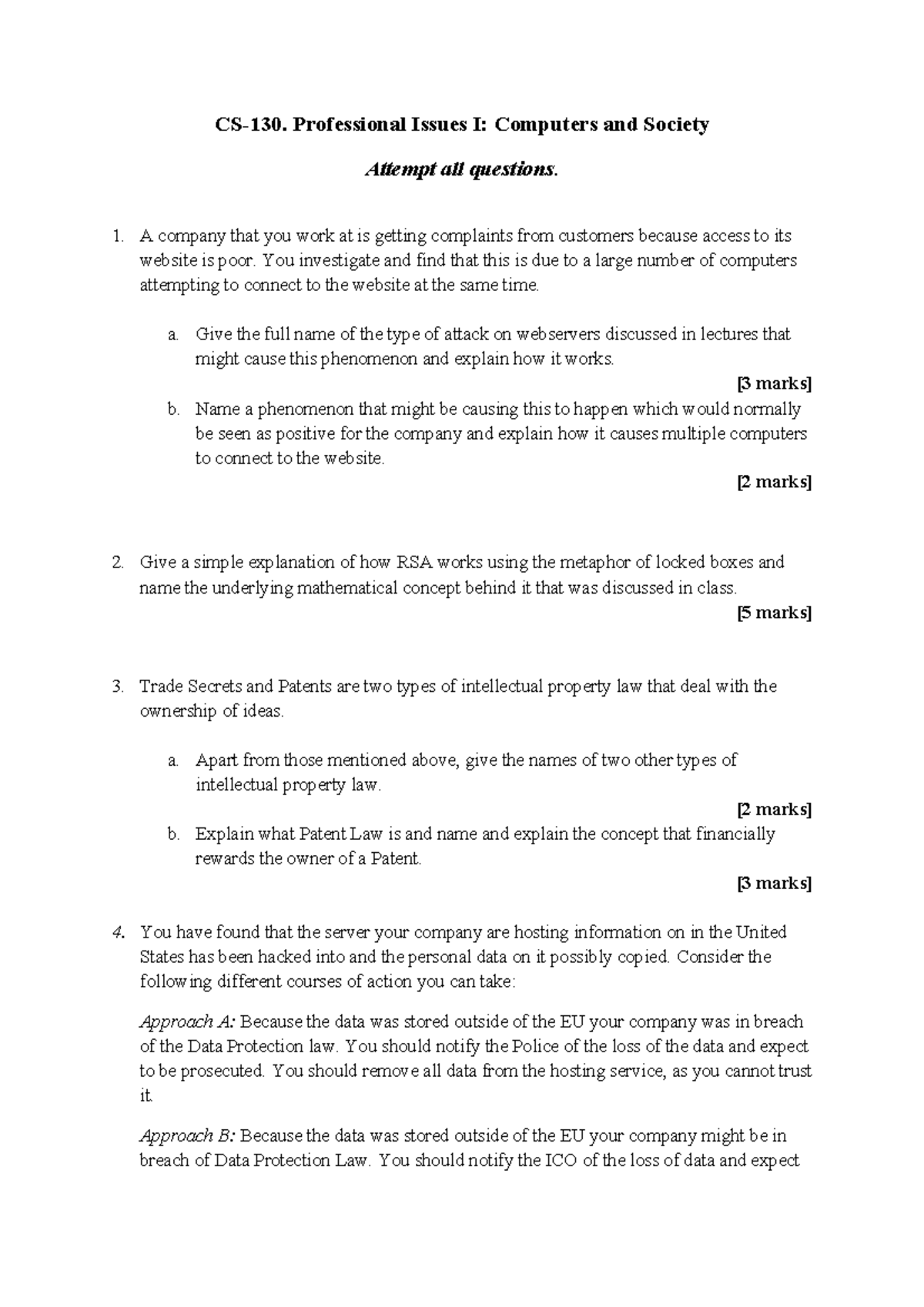 Exam 2017, questions - CS-130. Professional Issues I: Computers and ...