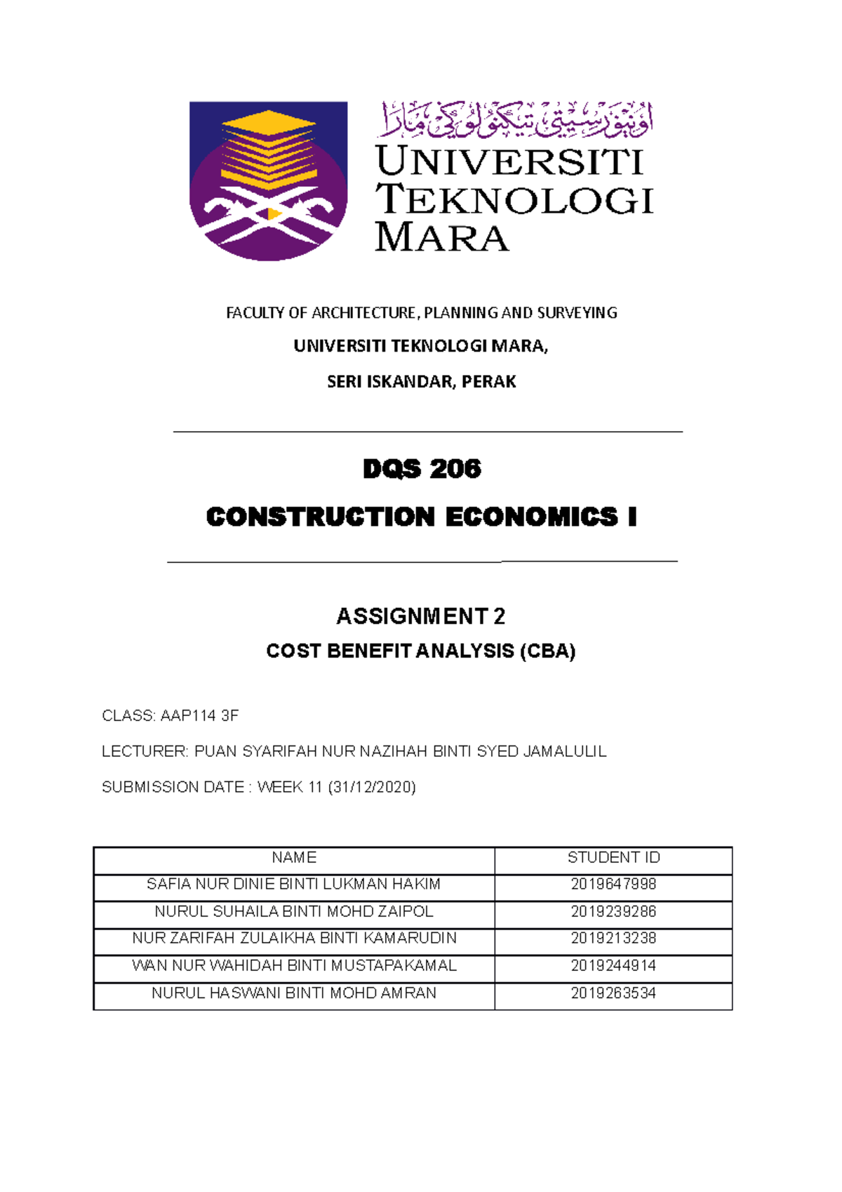 COST Benefit Analysis - FACULTY OF ARCHITECTURE, PLANNING AND 