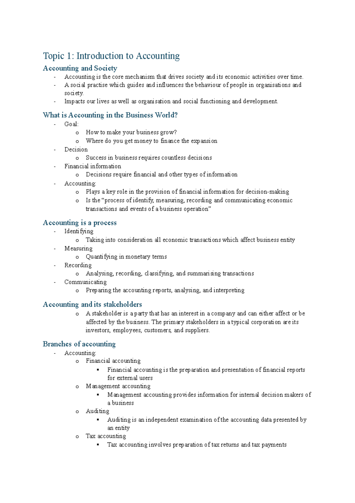 Lecture 1 - Notes - Topic 1: Introduction to Accounting Accounting and ...
