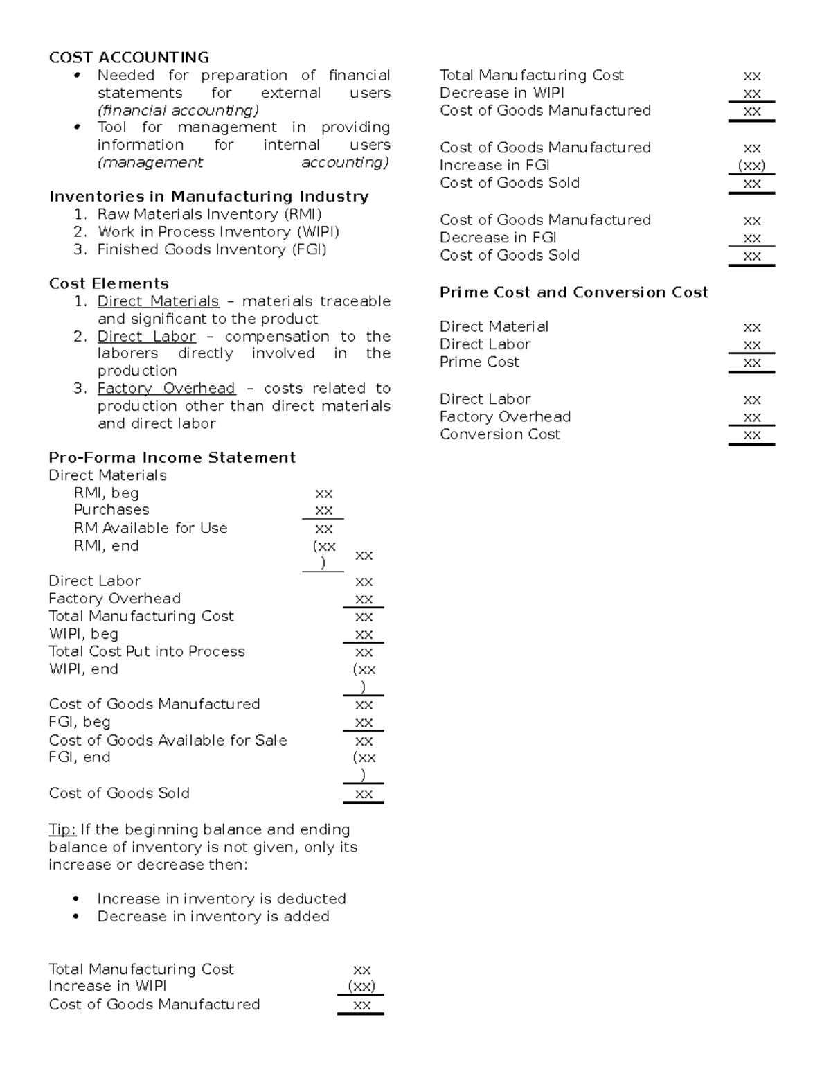 Cost Accounting Notes COST ACCOUNTING Needed For Preparation Of