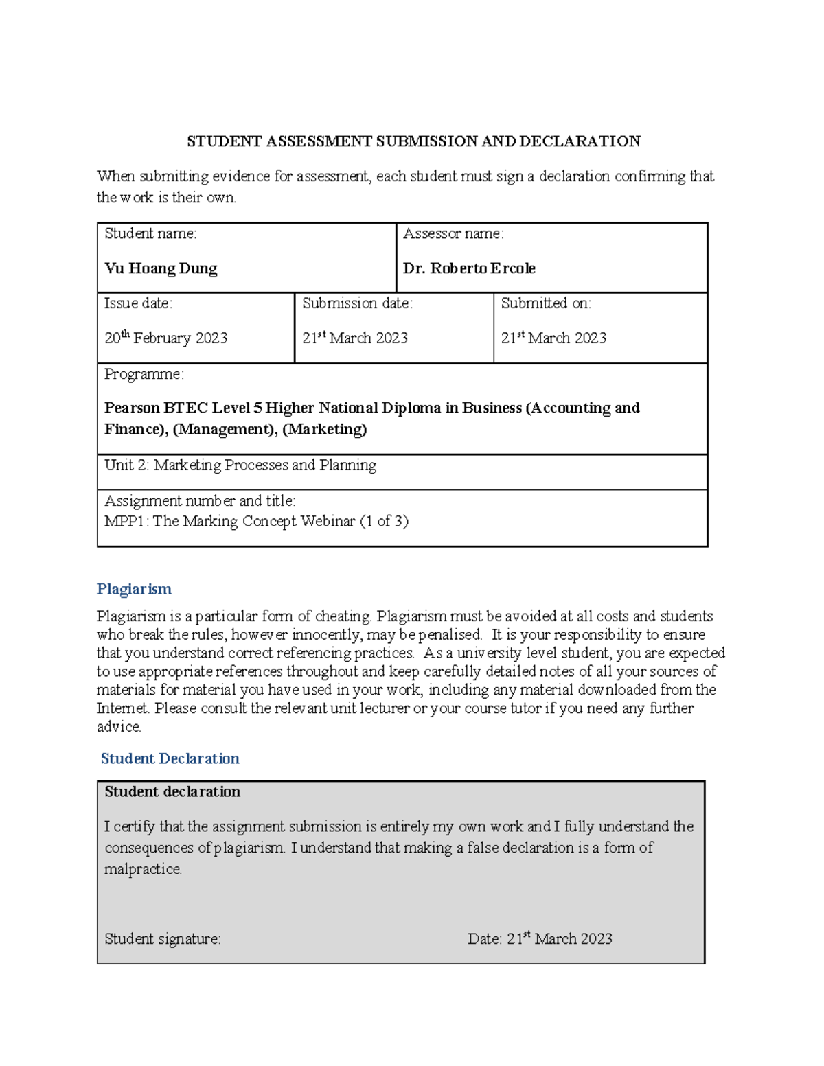 Bìa - đfd - STUDENT ASSESSMENT SUBMISSION AND DECLARATION When ...