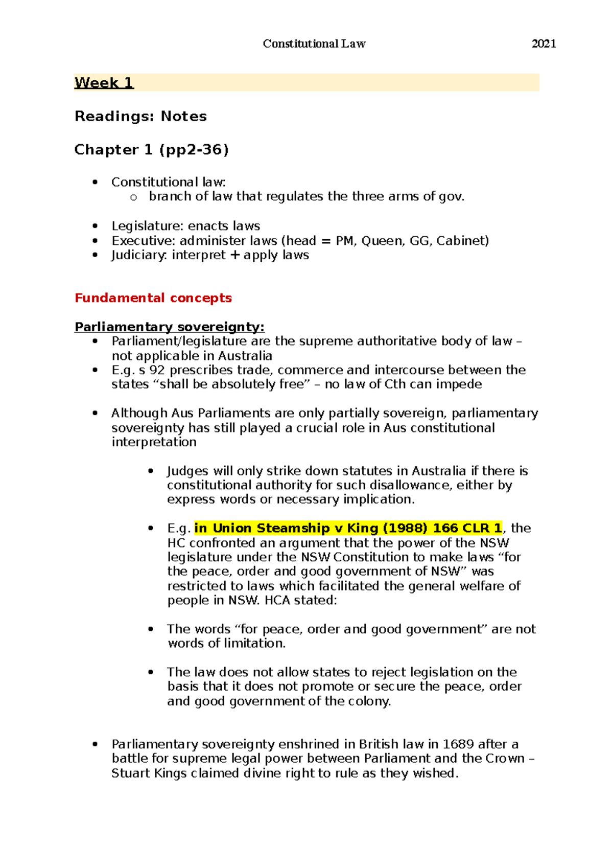 Constitutional - Lec notes - Week 1 Readings: Notes Chapter 1 (pp2-36 ...