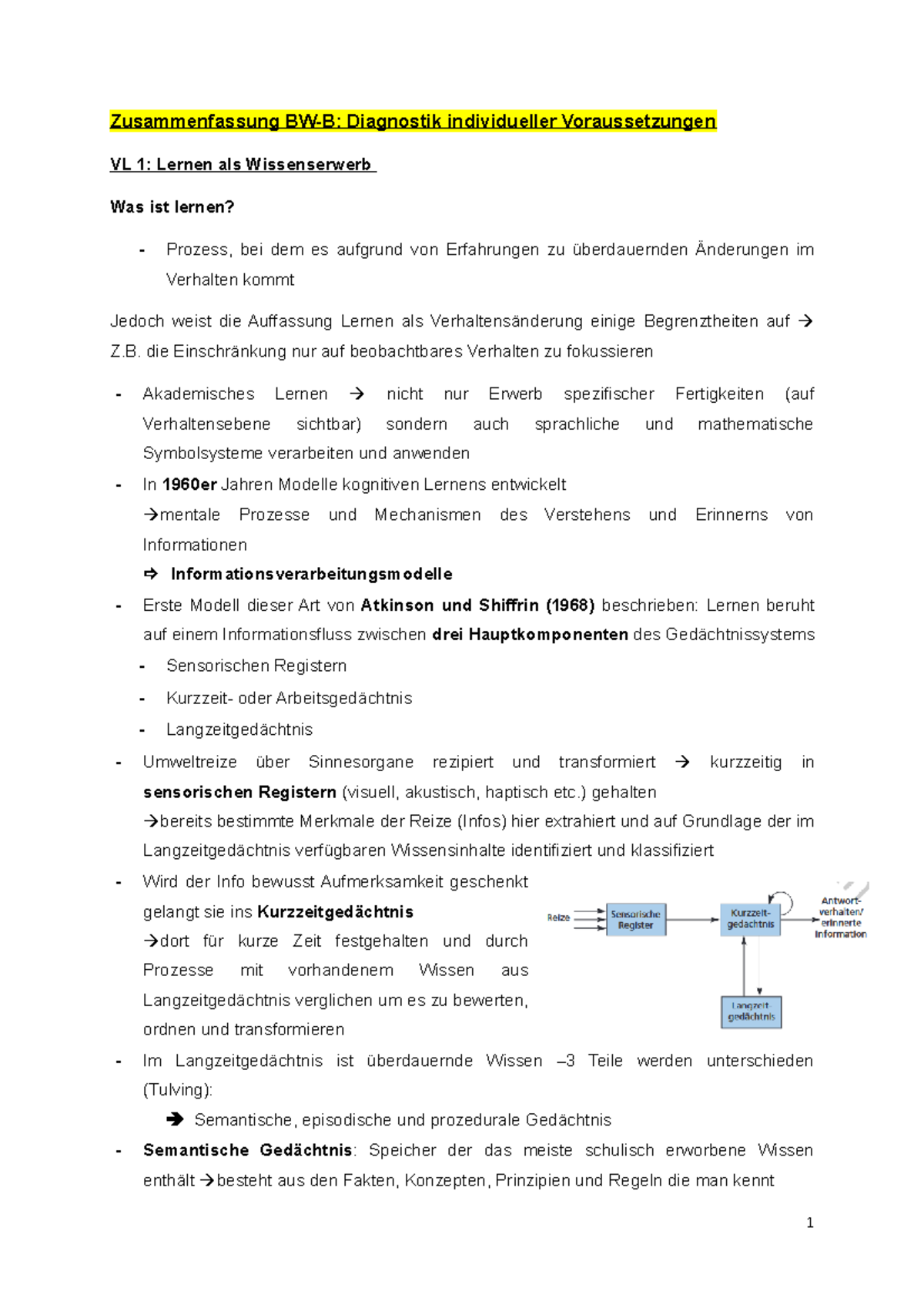 Zusammenfassung BW B - Pädagogische Psychologie - Zusammenfassung BW-B ...