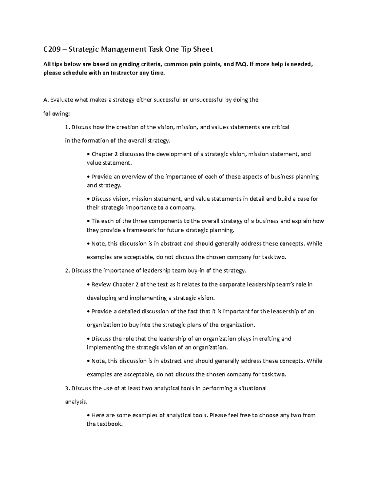 C209 Task 1 tip sheet - C209 – Strategic Management Task One Tip Sheet ...