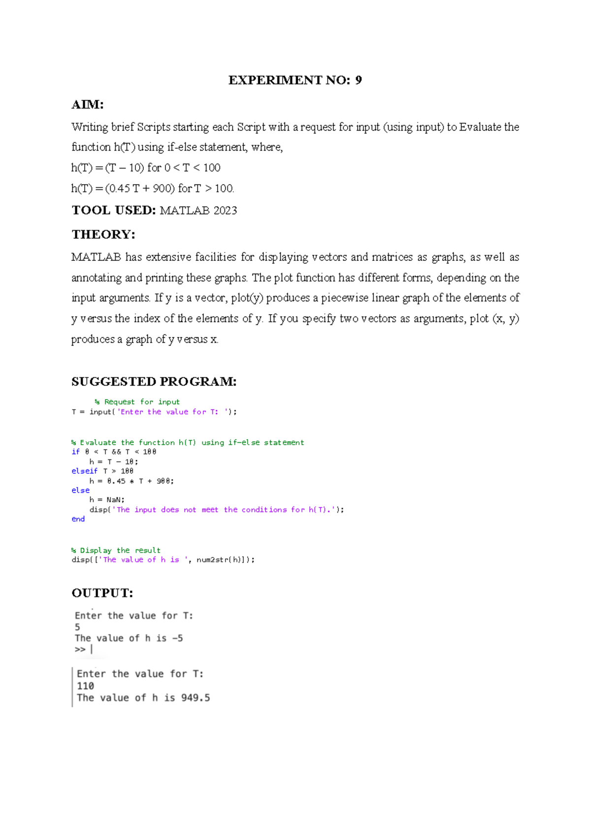 Matlab 9 - EXPERIMENT NO: 9 AIM: Writing brief Scripts starting each ...