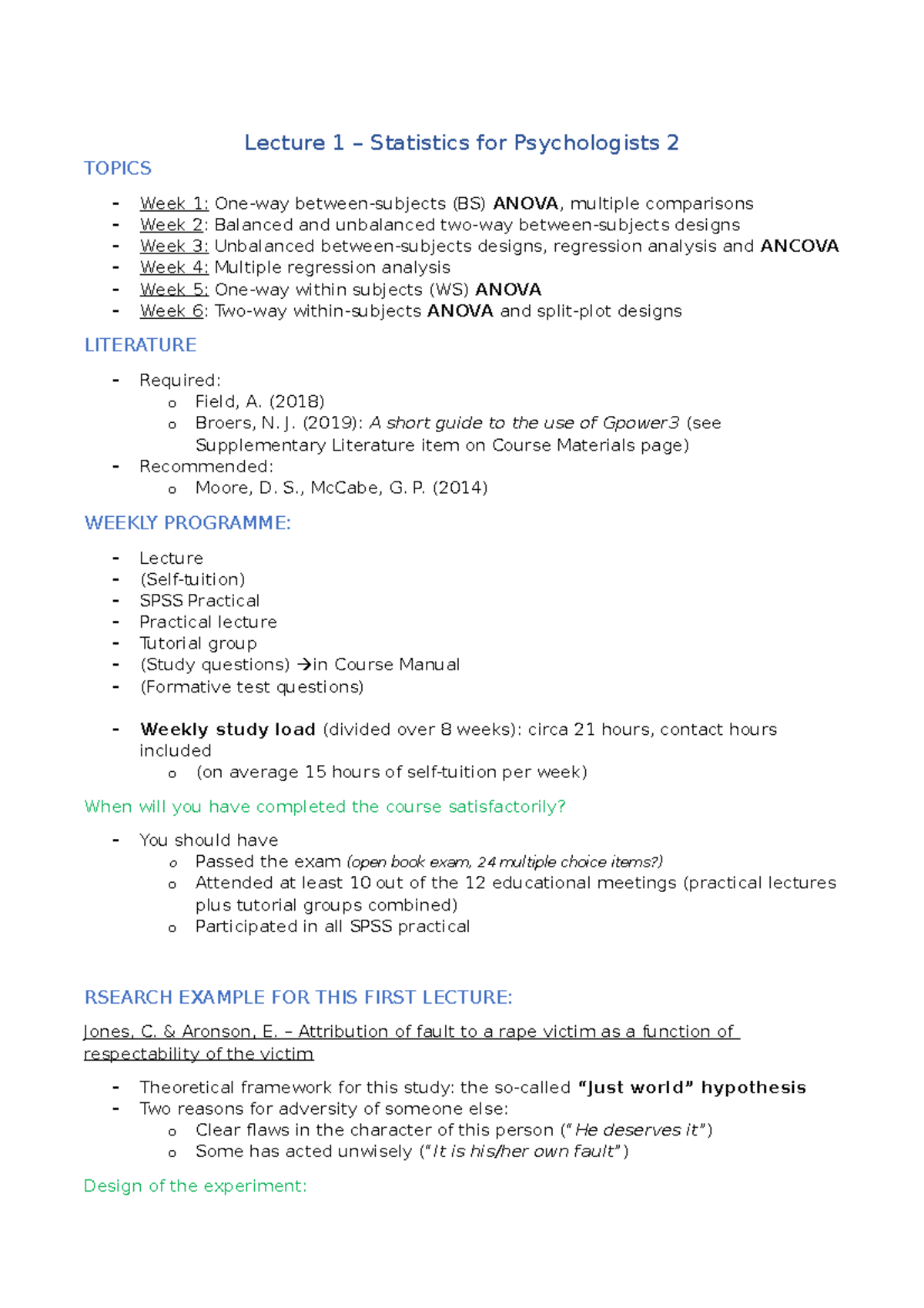 Lecture 1 - One-way between subjects Anova - Lecture 1 – Statistics for ...