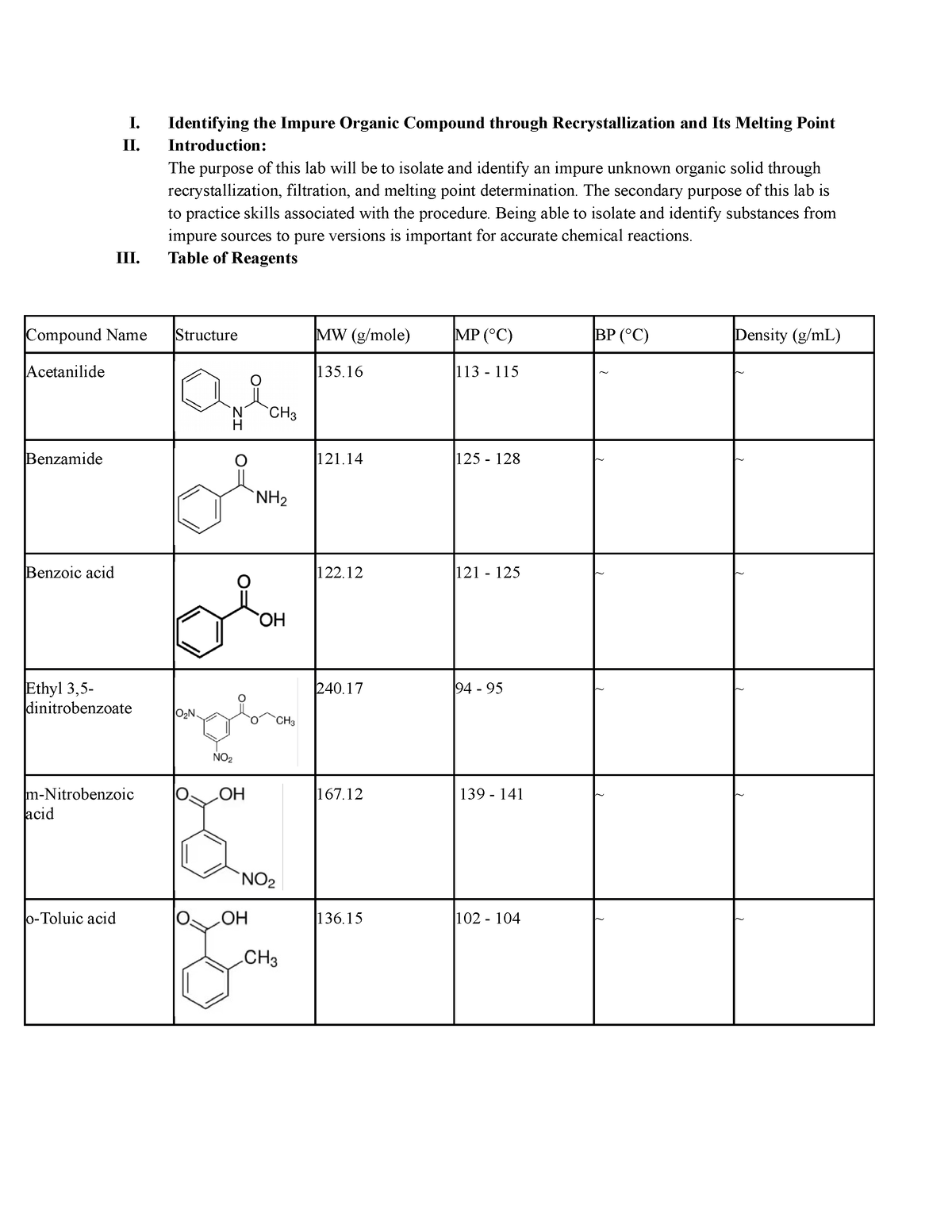 Experiment 1- Recrystallization - I. Identifying The Impure Organic ...