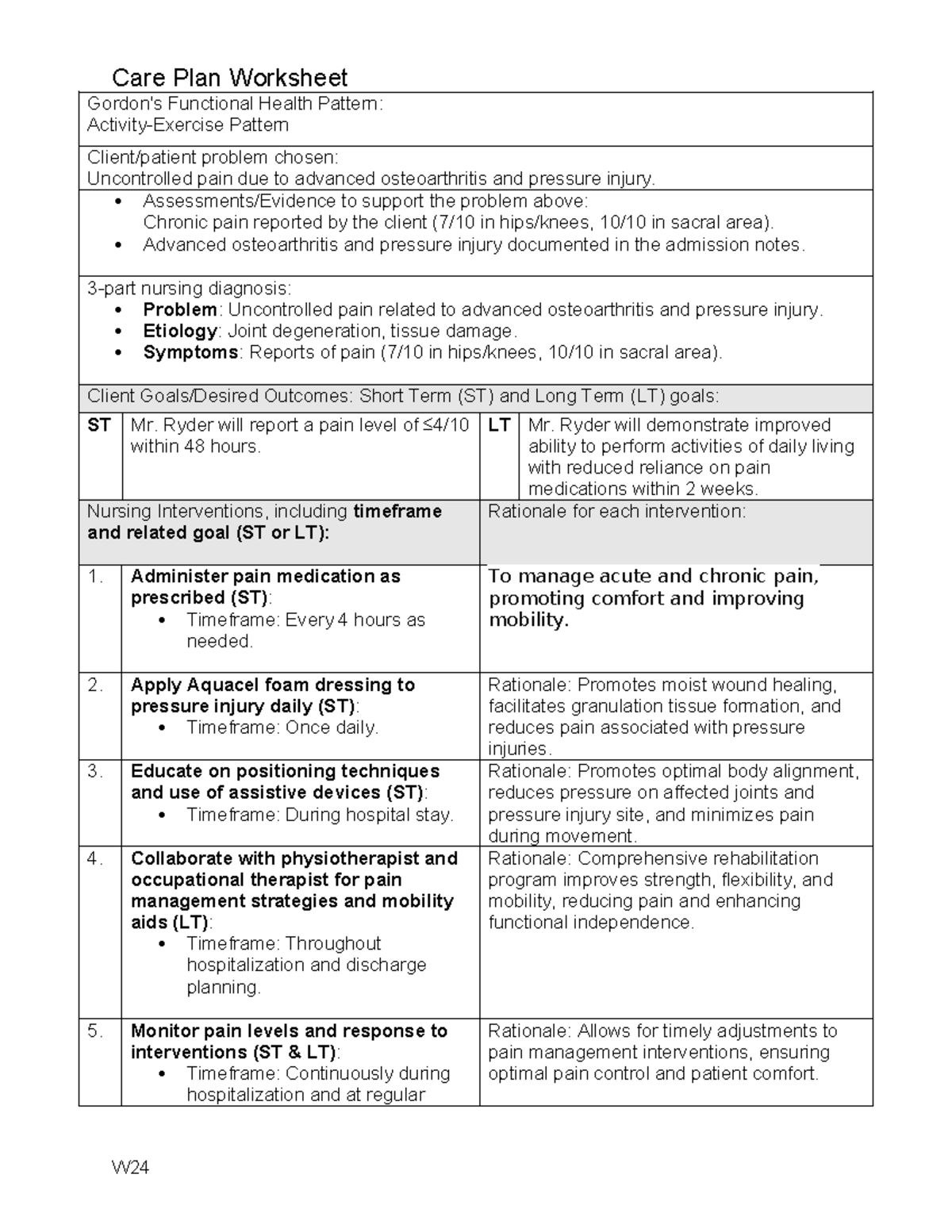 Concepts-2 Careplan B - care plan part B - Care Plan Worksheet Gordon's ...