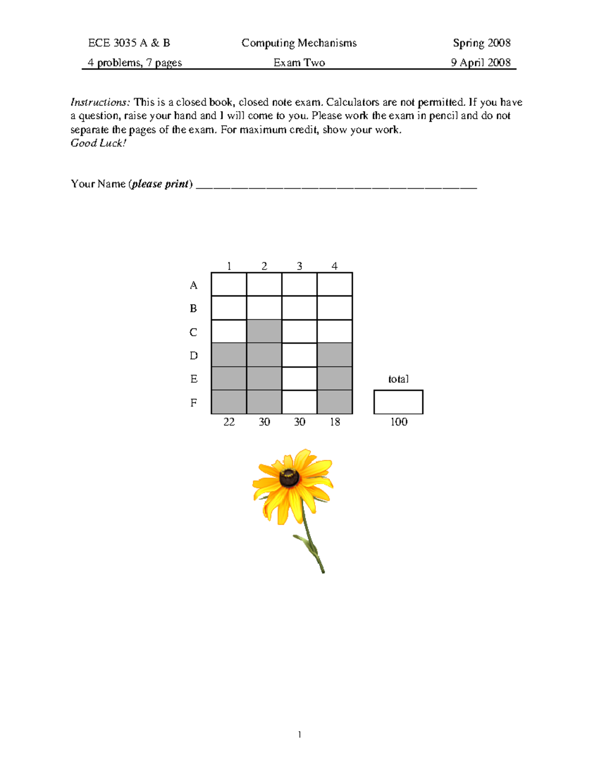 SP08 Exam 2 - Practice Tests - 4 problems, 7 pages Exam Two 9 April ...