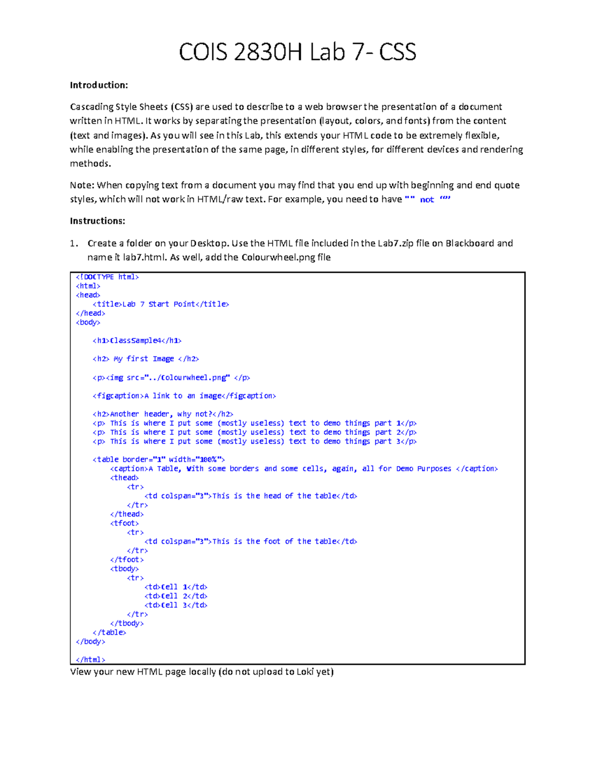 COIS 2830 - Lab 7 CSS - Lab for the course - Introduction: Cascading ...