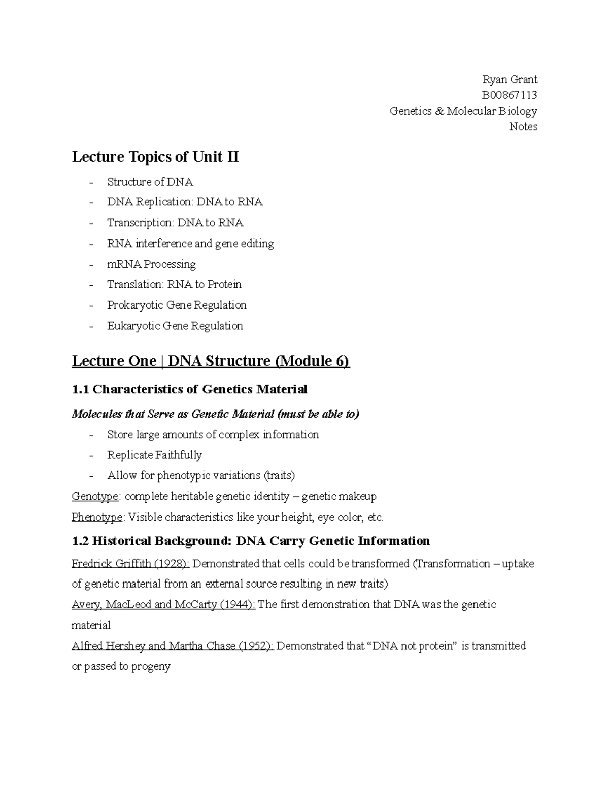 Genetics Notes Unit II - Ryan Grant B Genetics & Molecular Biology ...