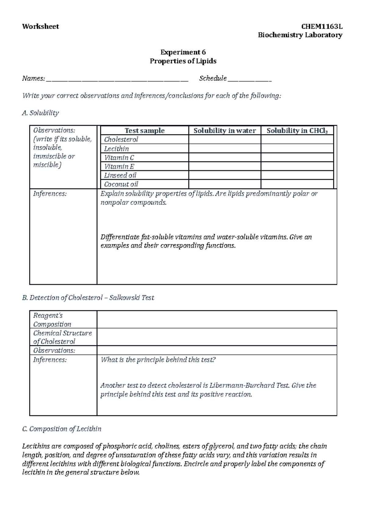 Worksheet Experiment 6 Properties of Lipids Worksheet CHEM1163L
