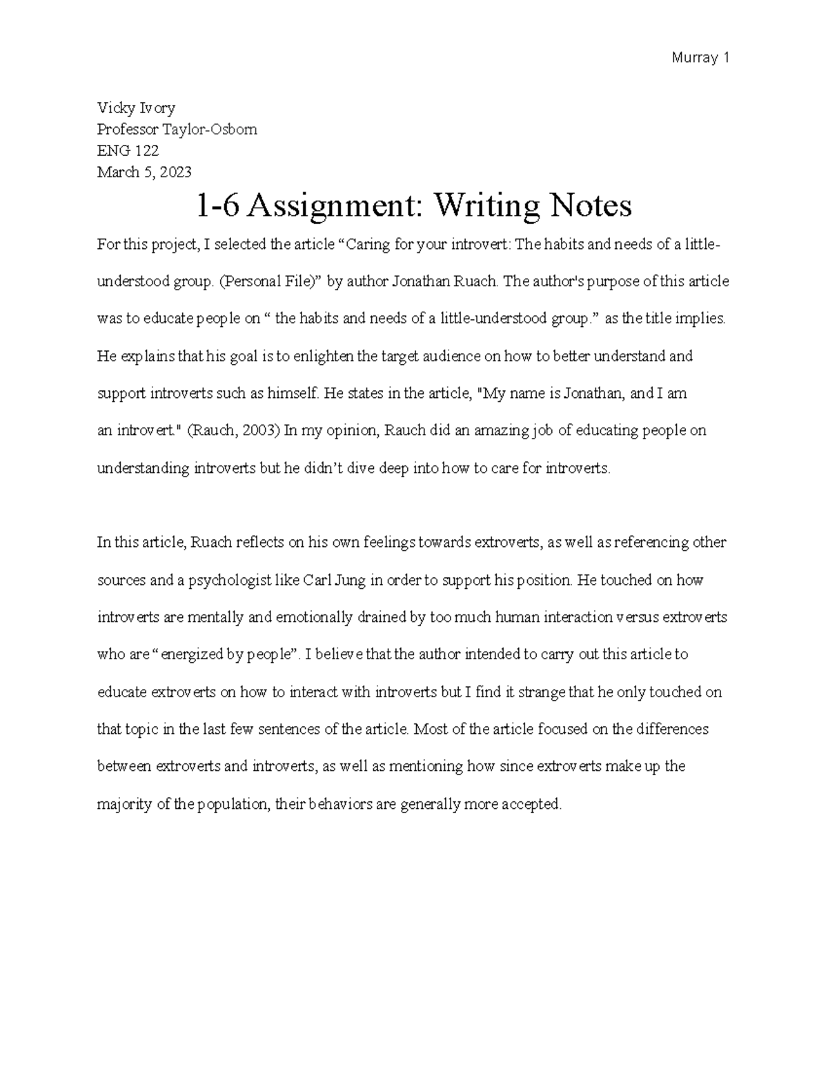 16 writing notes Grade A+ Murray 1 Vicky Ivory Professor Taylor