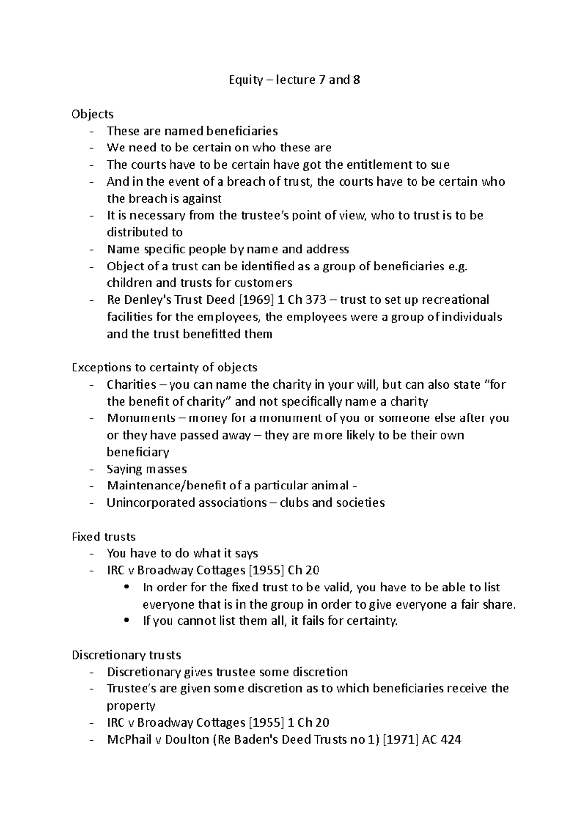 Lecture 7&8- Trusts (Objects and Formalities) - Equity – lecture 7 and ...