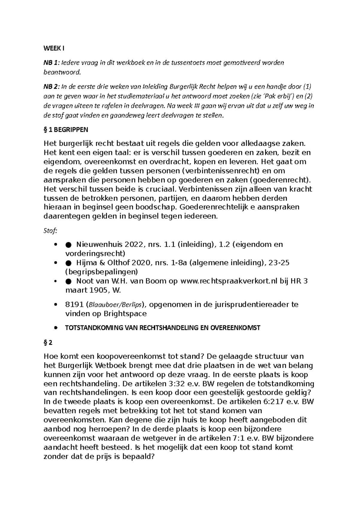 Week 1 - Burgerlijk Recht - WEEK I NB 1: Iedere Vraag In Dit Werkboek ...